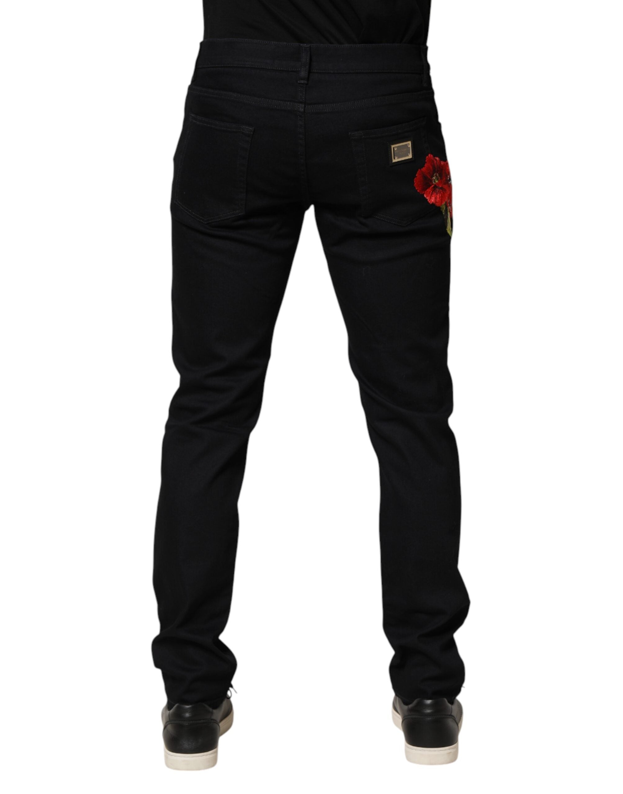 Black Floral Cotton Skinny Men Denim Jeans