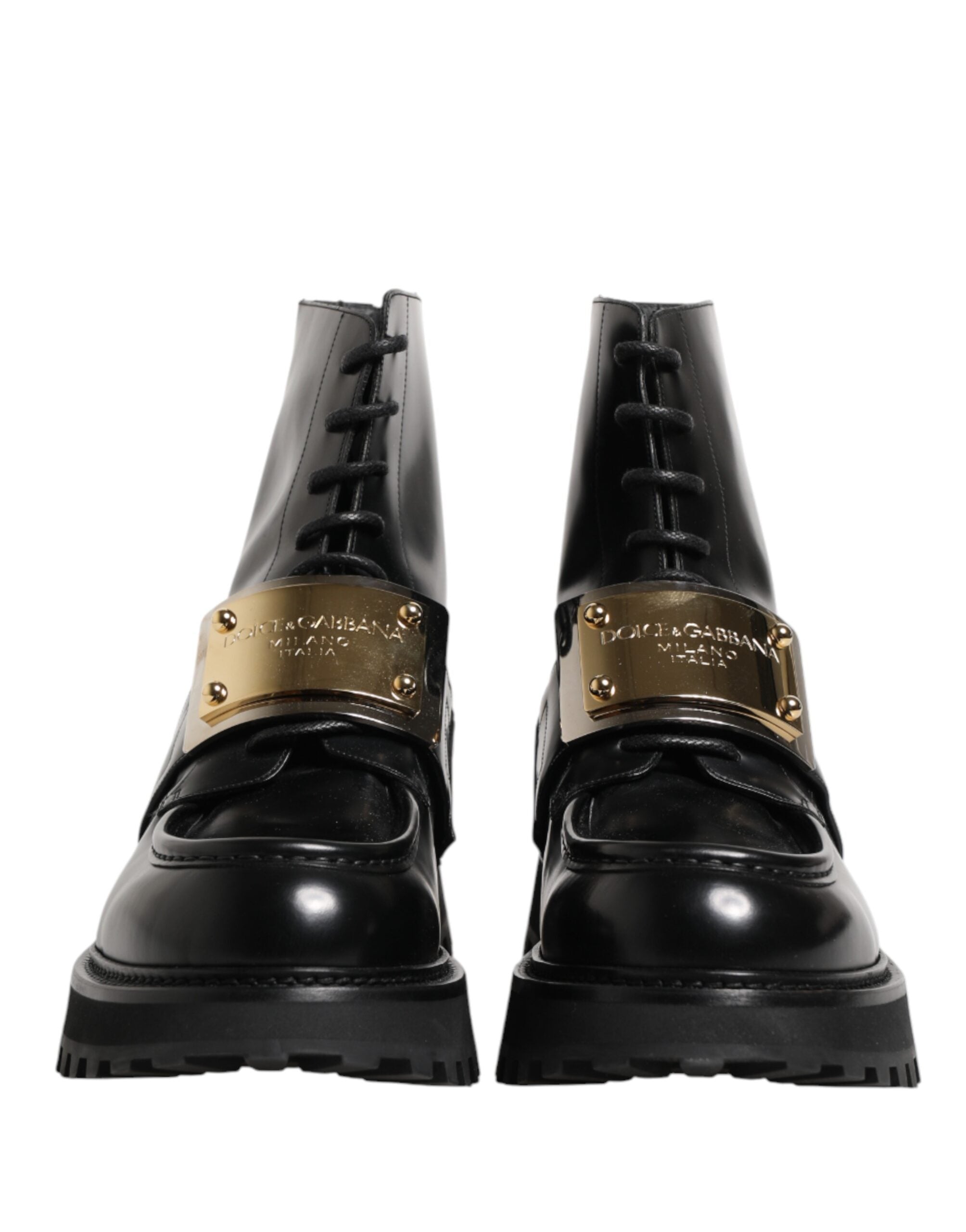 Black Leather DG Plaque Lace Up Boots Shoes