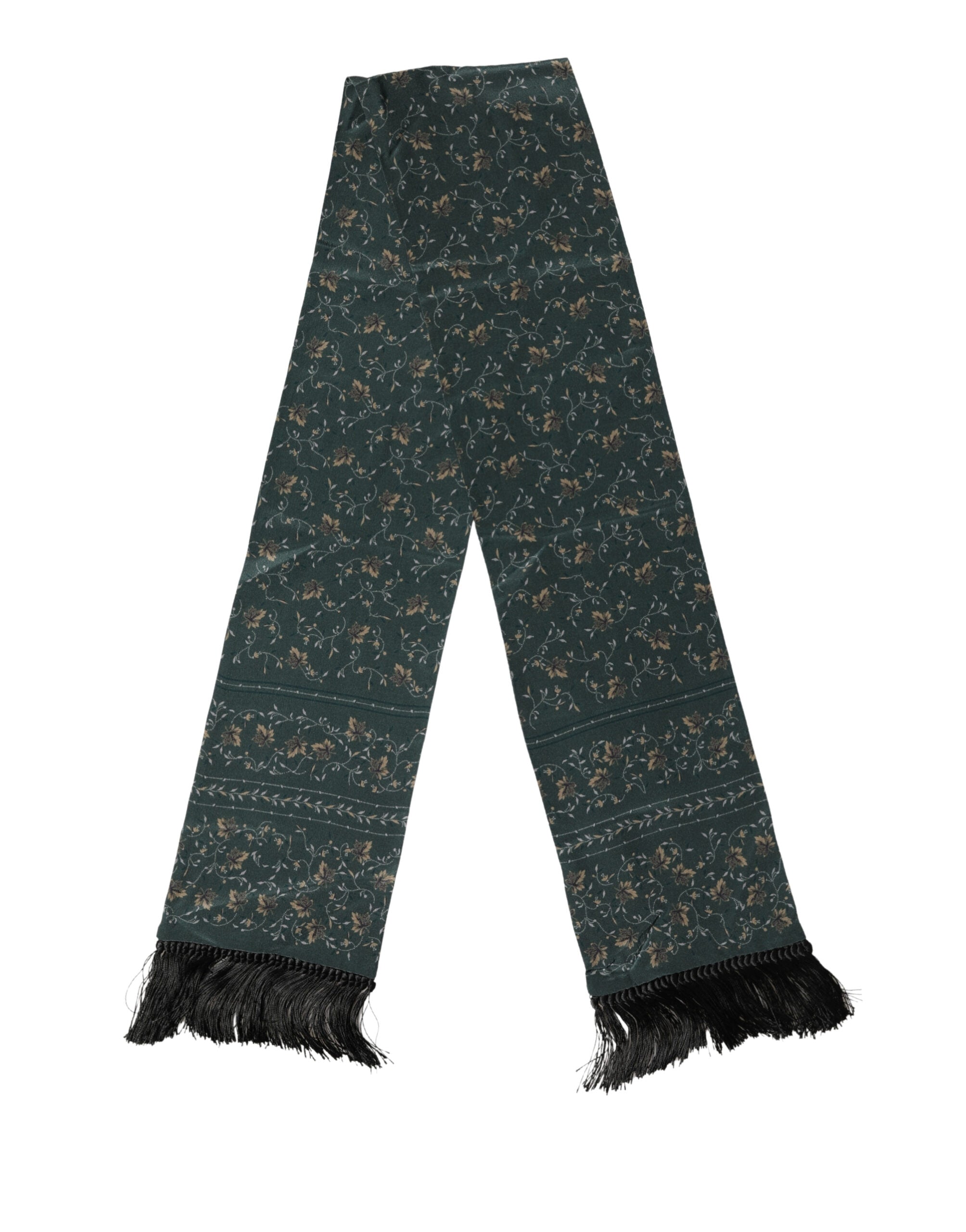 Green Silk Floral Pattern Fringed 135cm X 16cm Scarf