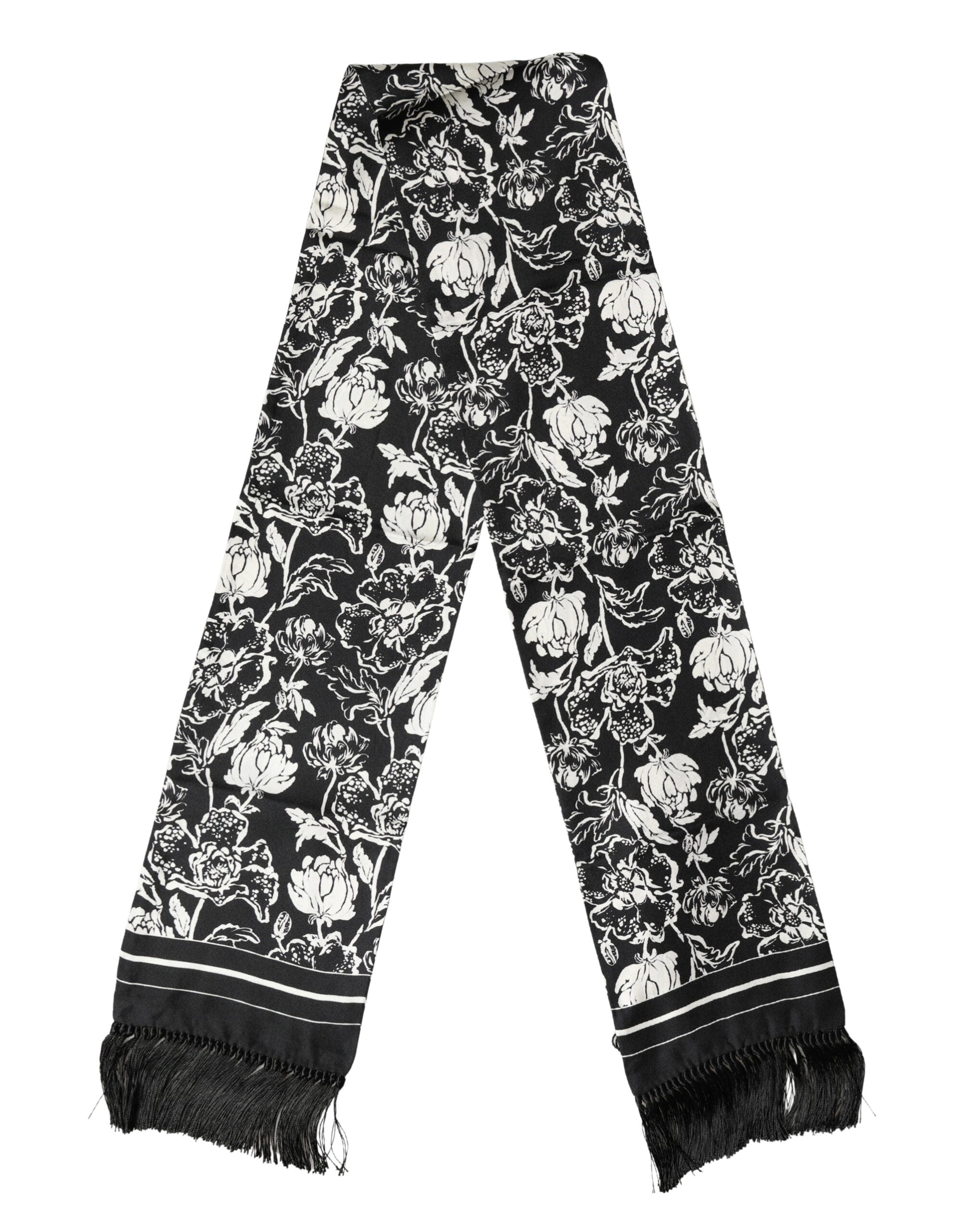Black White Silk Floral Print Fringe 136cm X 15.5cm Scarf
