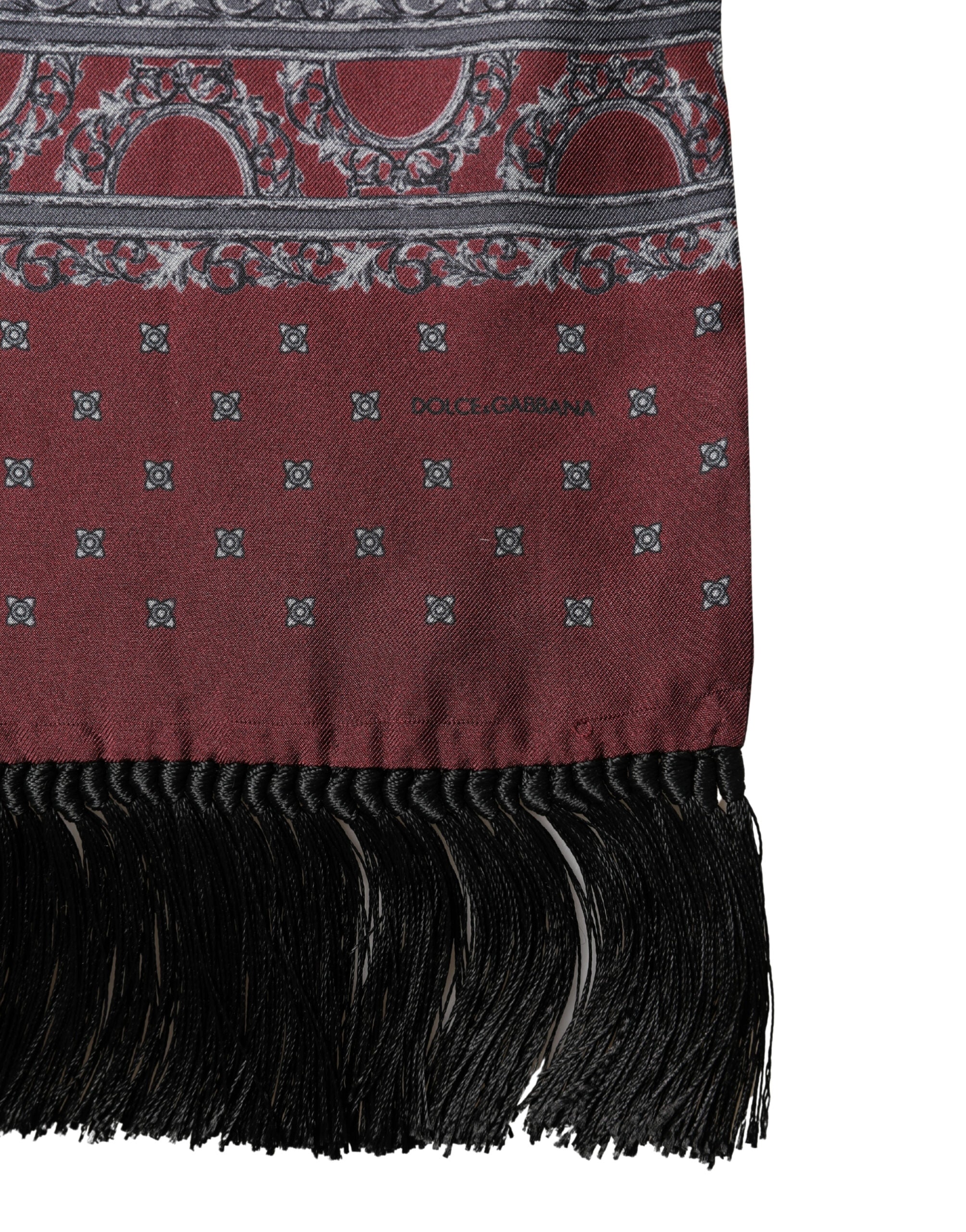 Burgundy Gray Patterned Fringe Foulard 141cm X 15.5cm Scarf