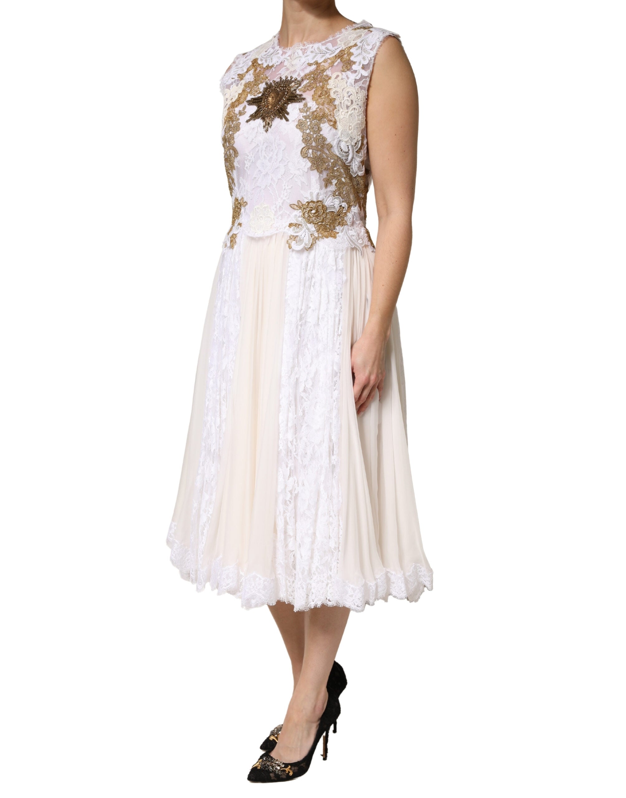 Ivory Lace Silk Embellished Sleeveless Dress