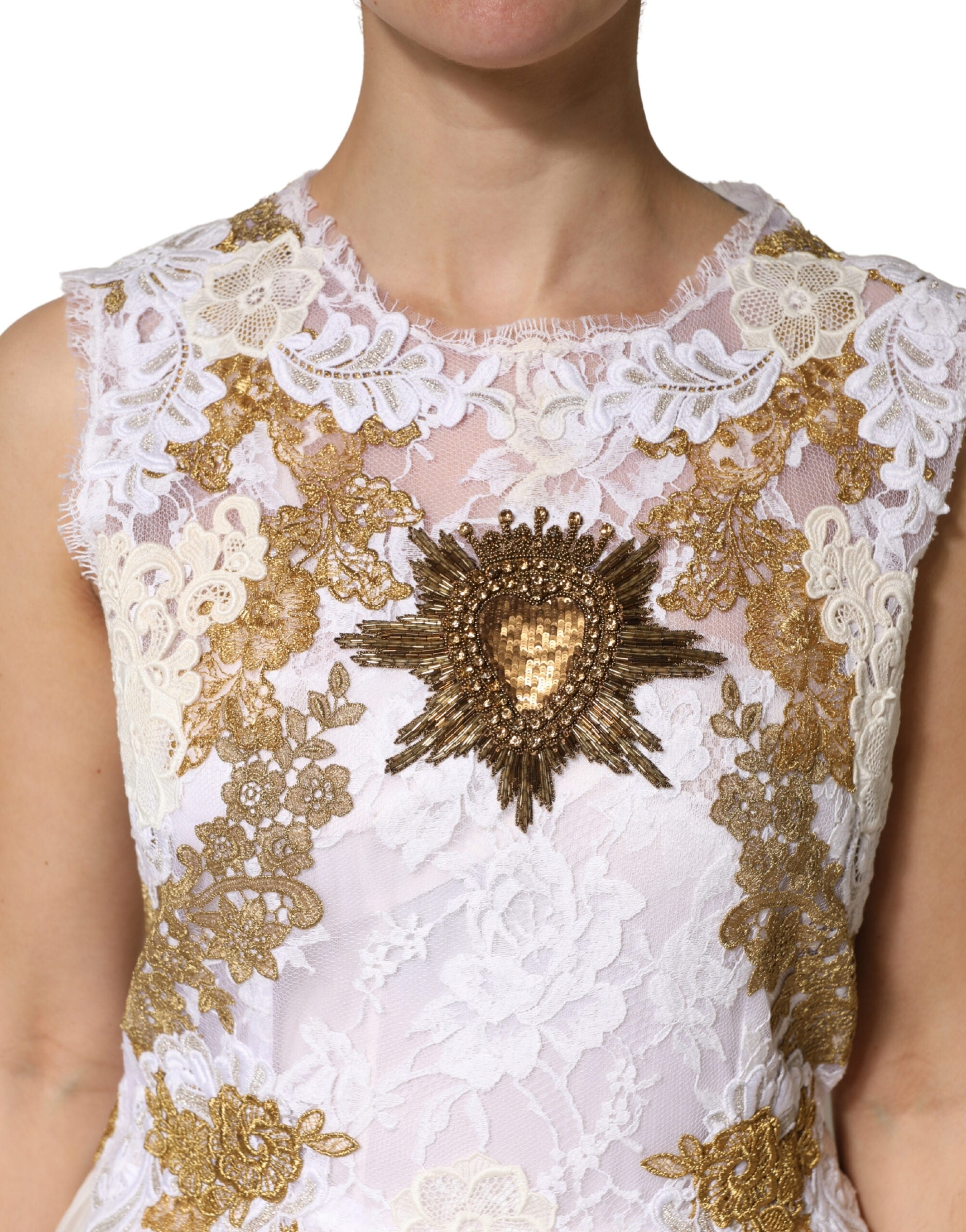 Ivory Lace Silk Embellished Sleeveless Dress