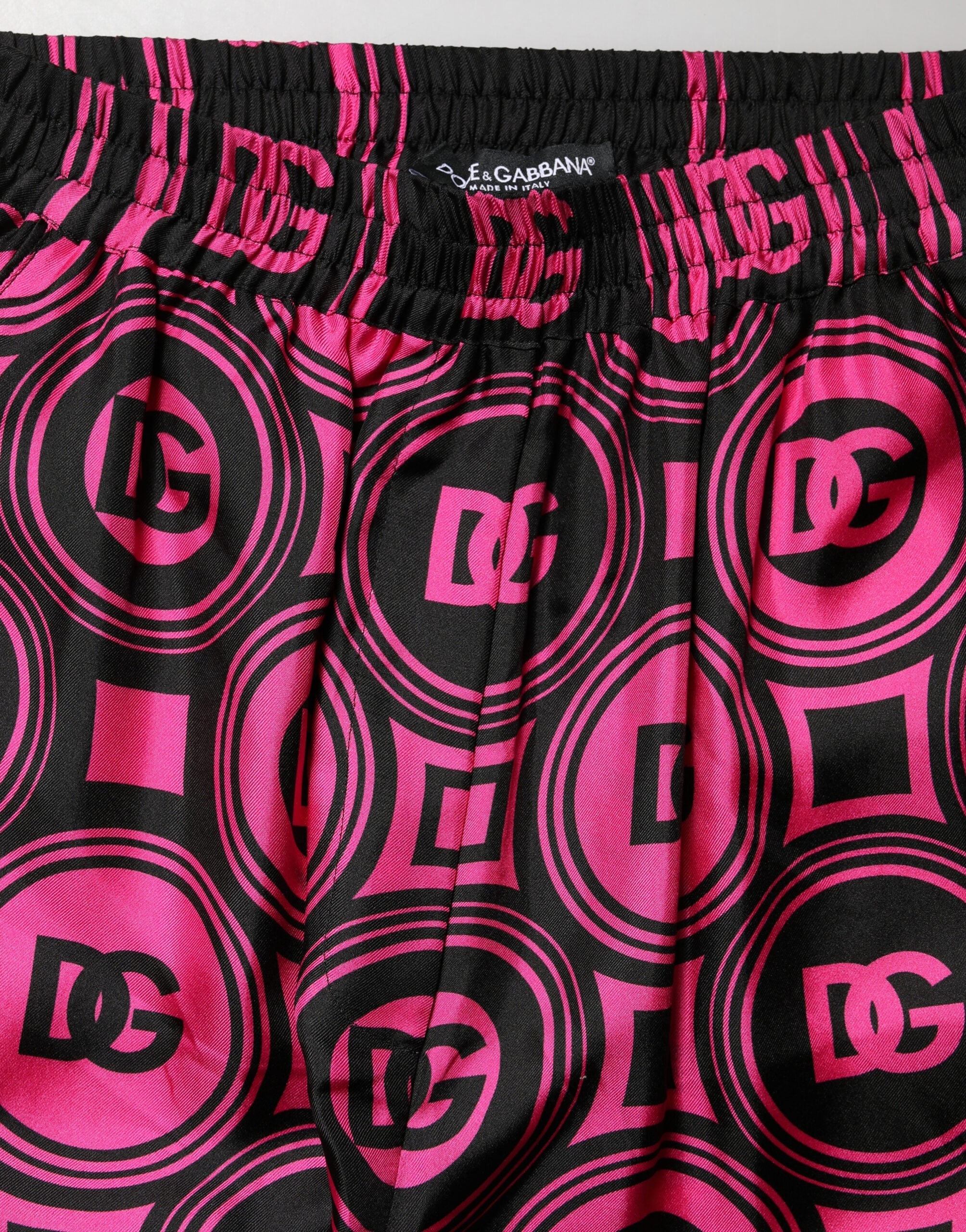 Black Fuchsia Silk Logo Elastic Waist Shorts