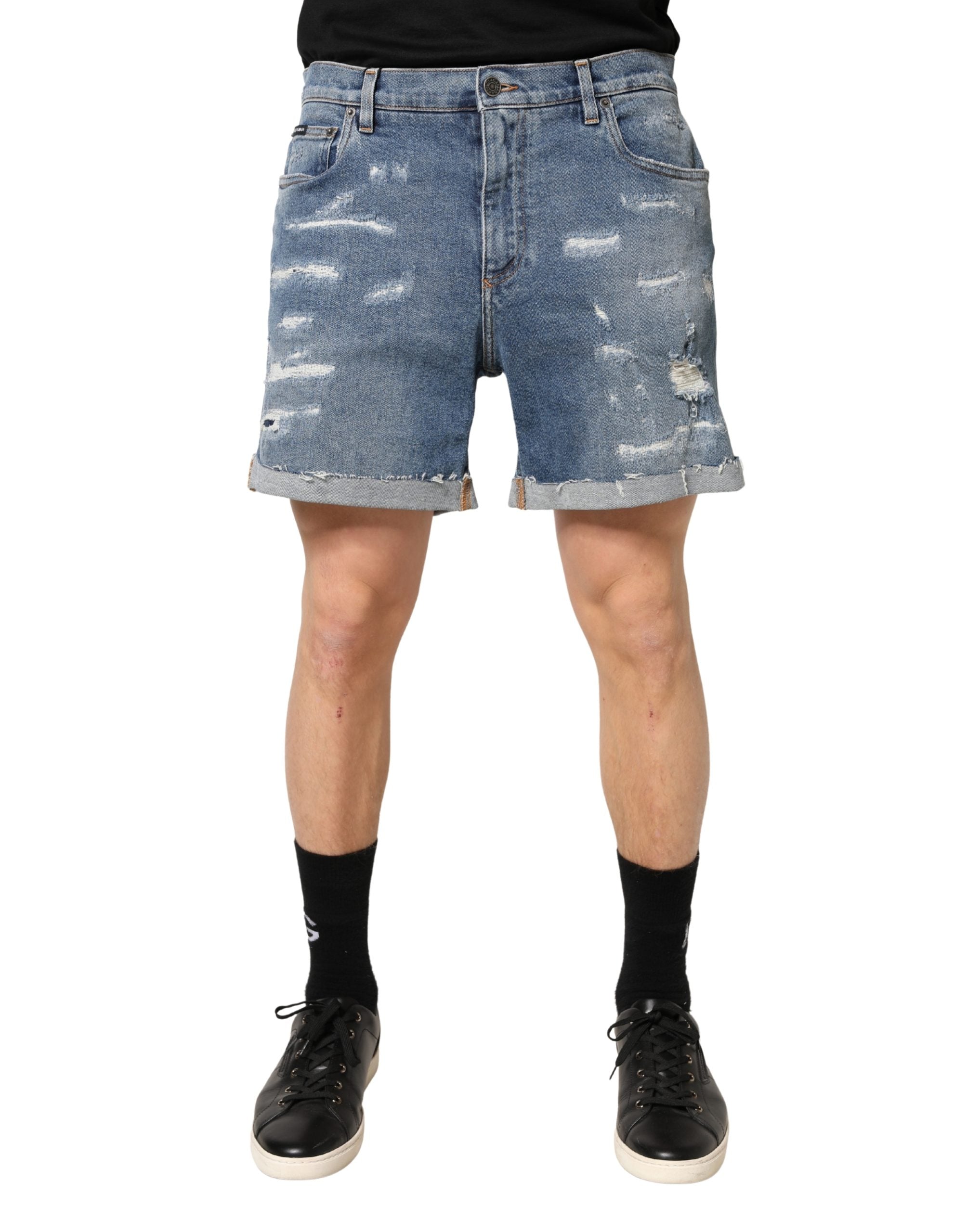 Blue Cotton Distressed Denim Bermuda Shorts