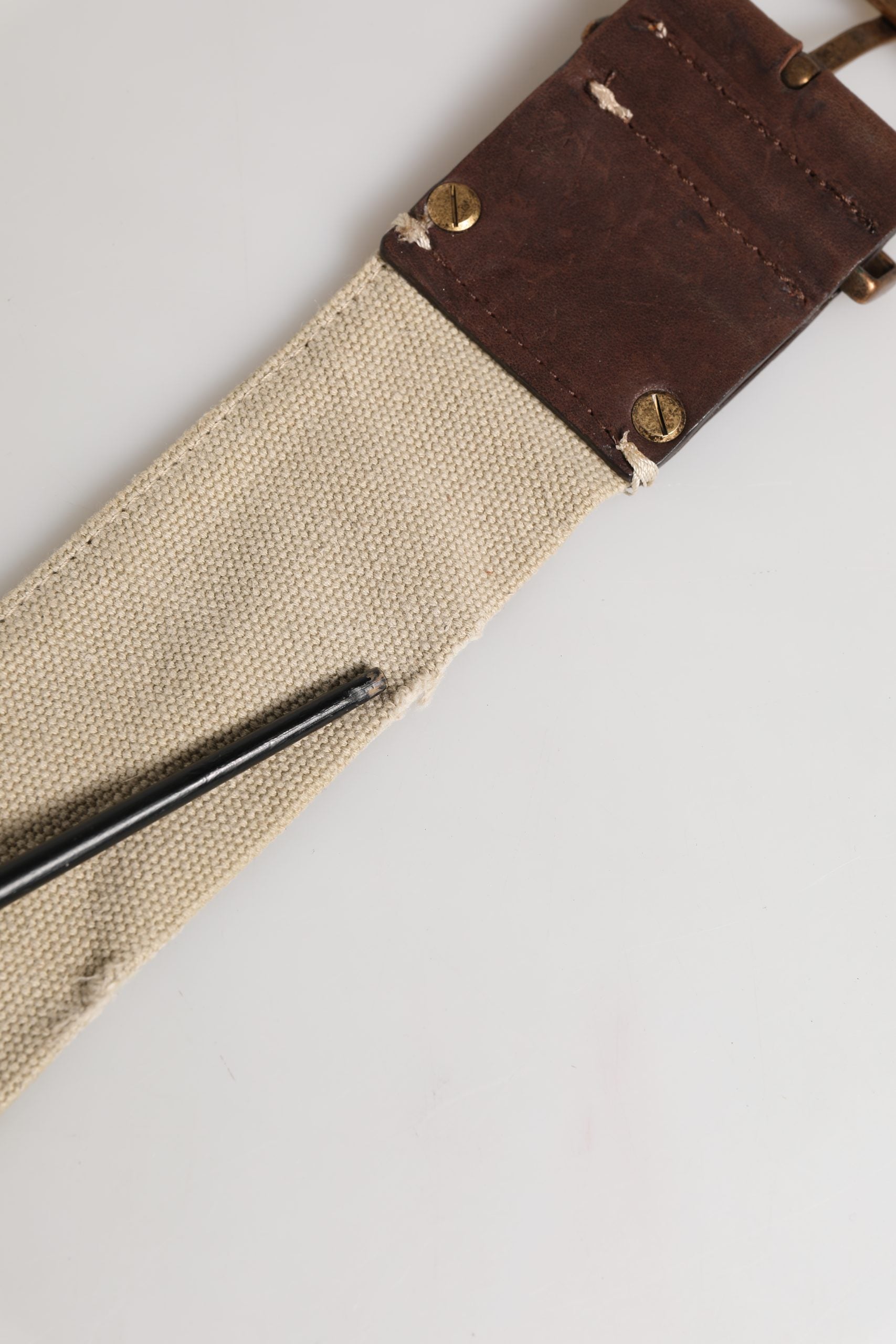 Beige Brown Leather Canvas Metal Buckle Belt