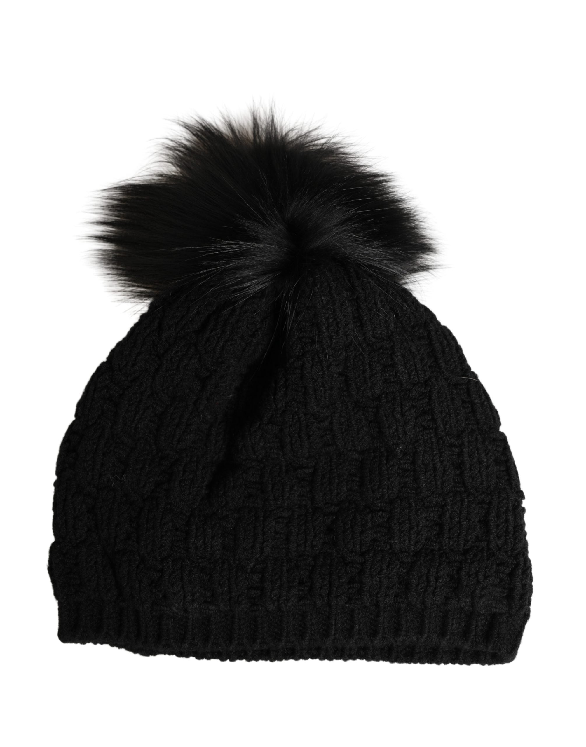 Black Acrylic Knitted Fur Winter Beanie