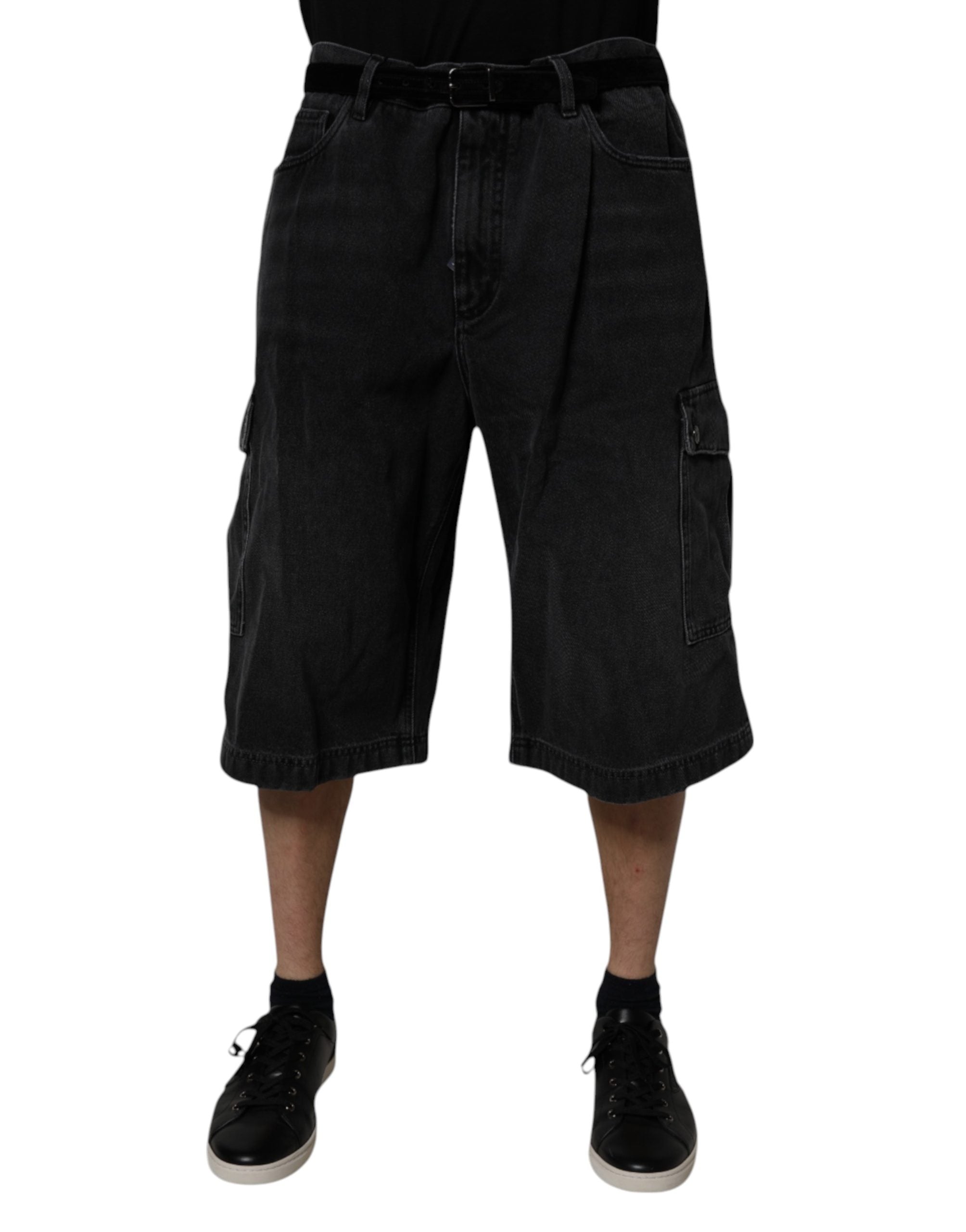 Black Mid Waist Denim Cargo Bermuda Shorts