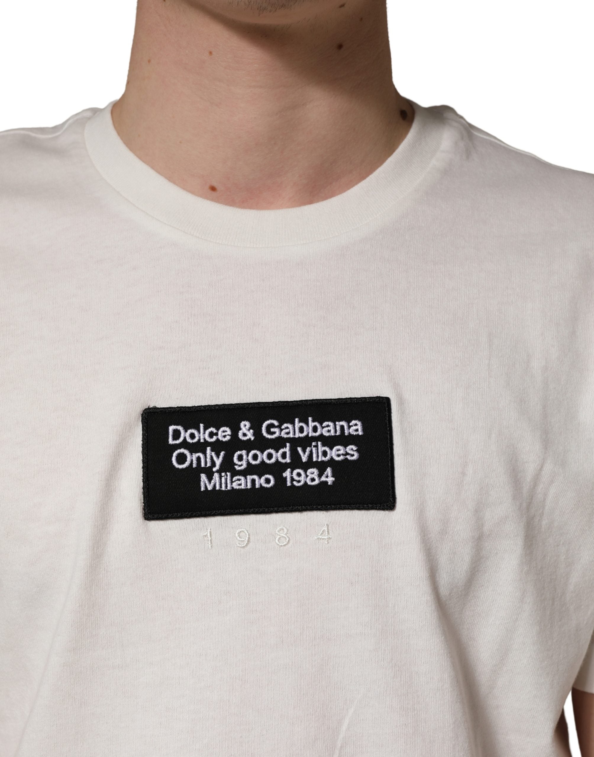 White Logo Patch Cotton Men Crew Neck T-shirt