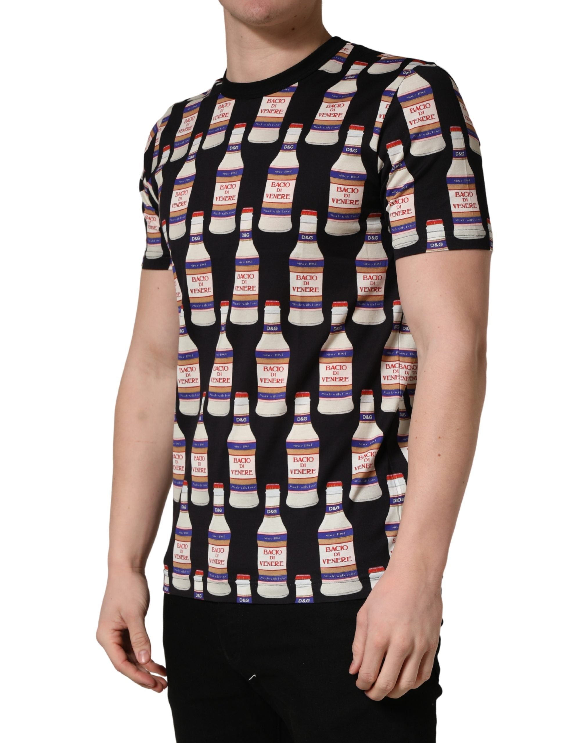 Black Bottle Print Cotton Crew Neck T-shirt