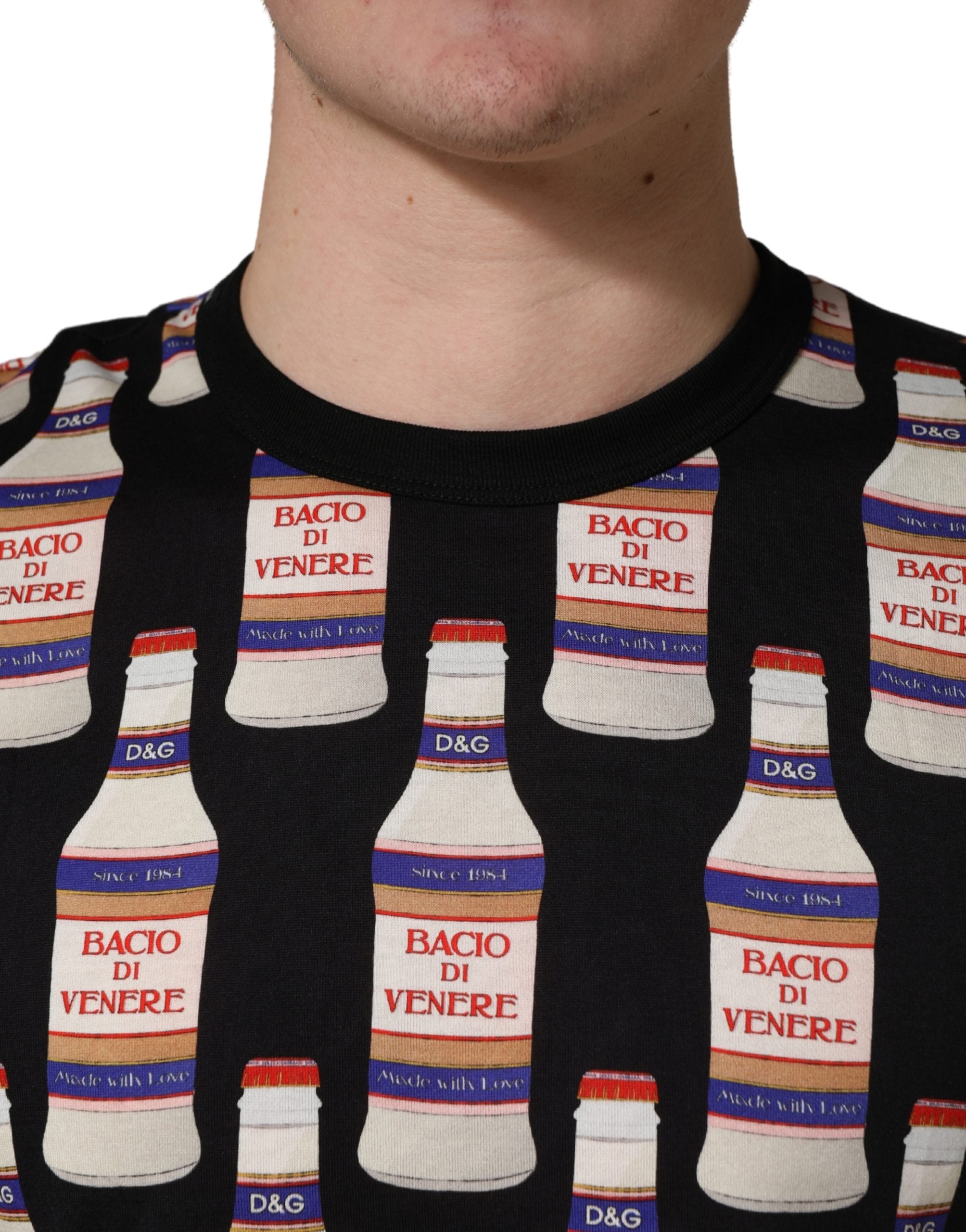 Black Bottle Print Cotton Crew Neck T-shirt
