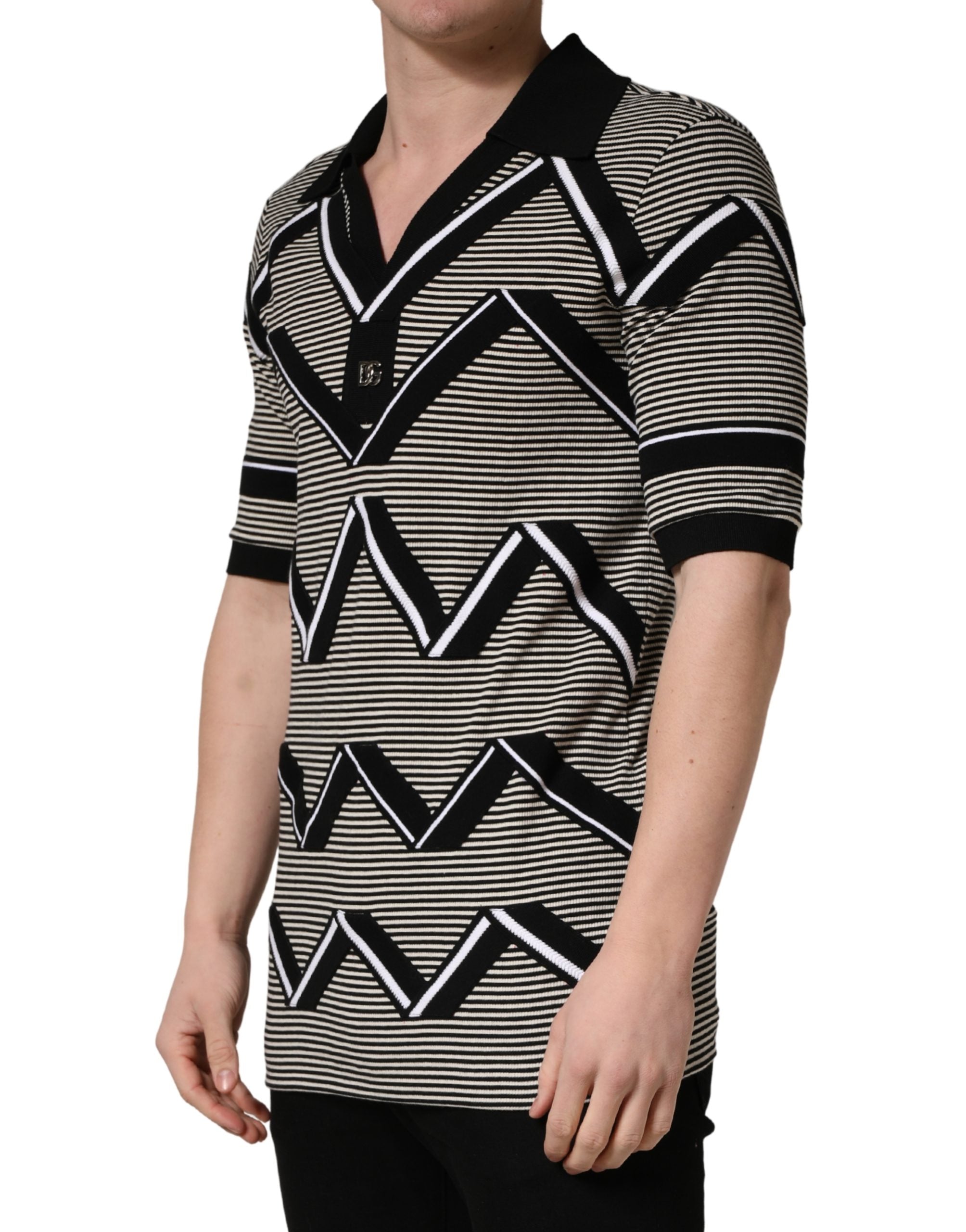 Black White Zigzag Pattern Cotton Men Polo T-shirt