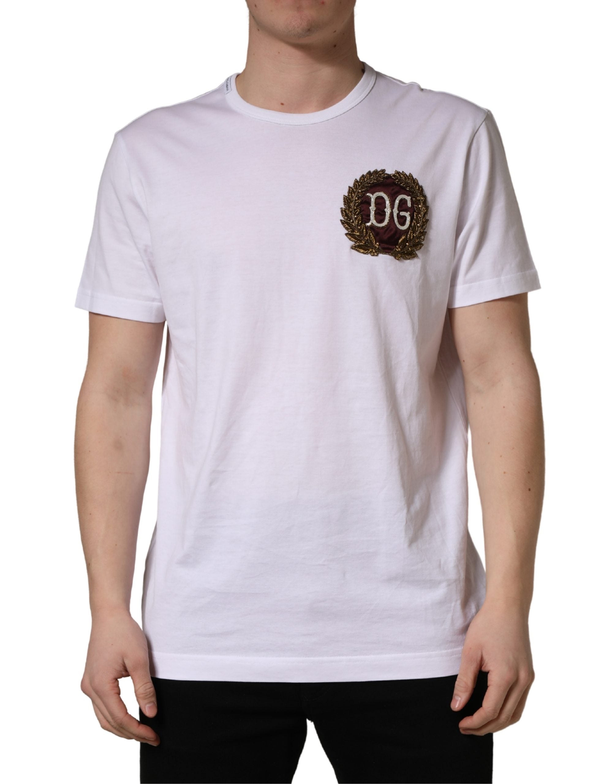 White DG Leaf Embroidery Crew Neck T-shirt
