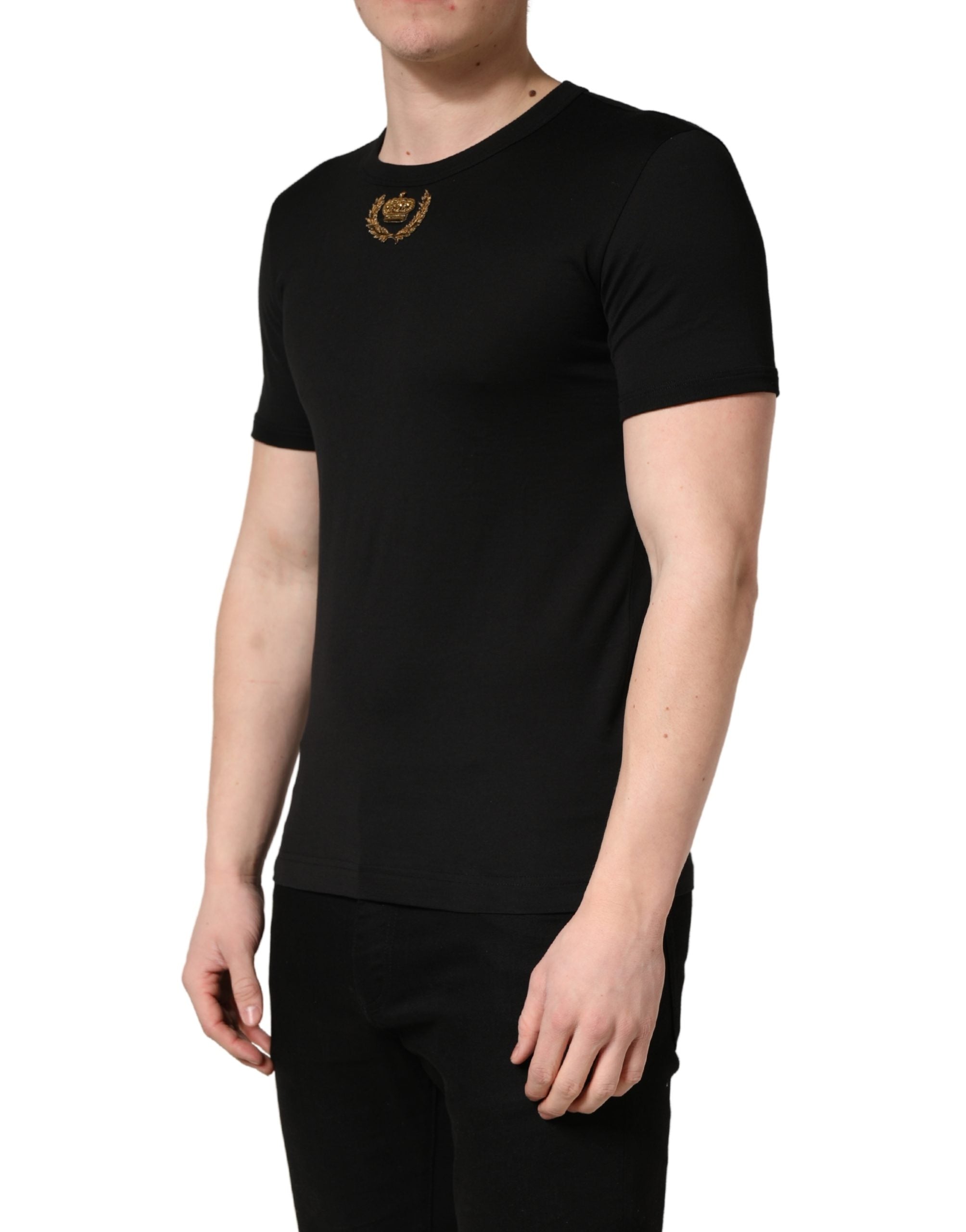 Black Crown Embroidery Men Crew Neck T-shirt