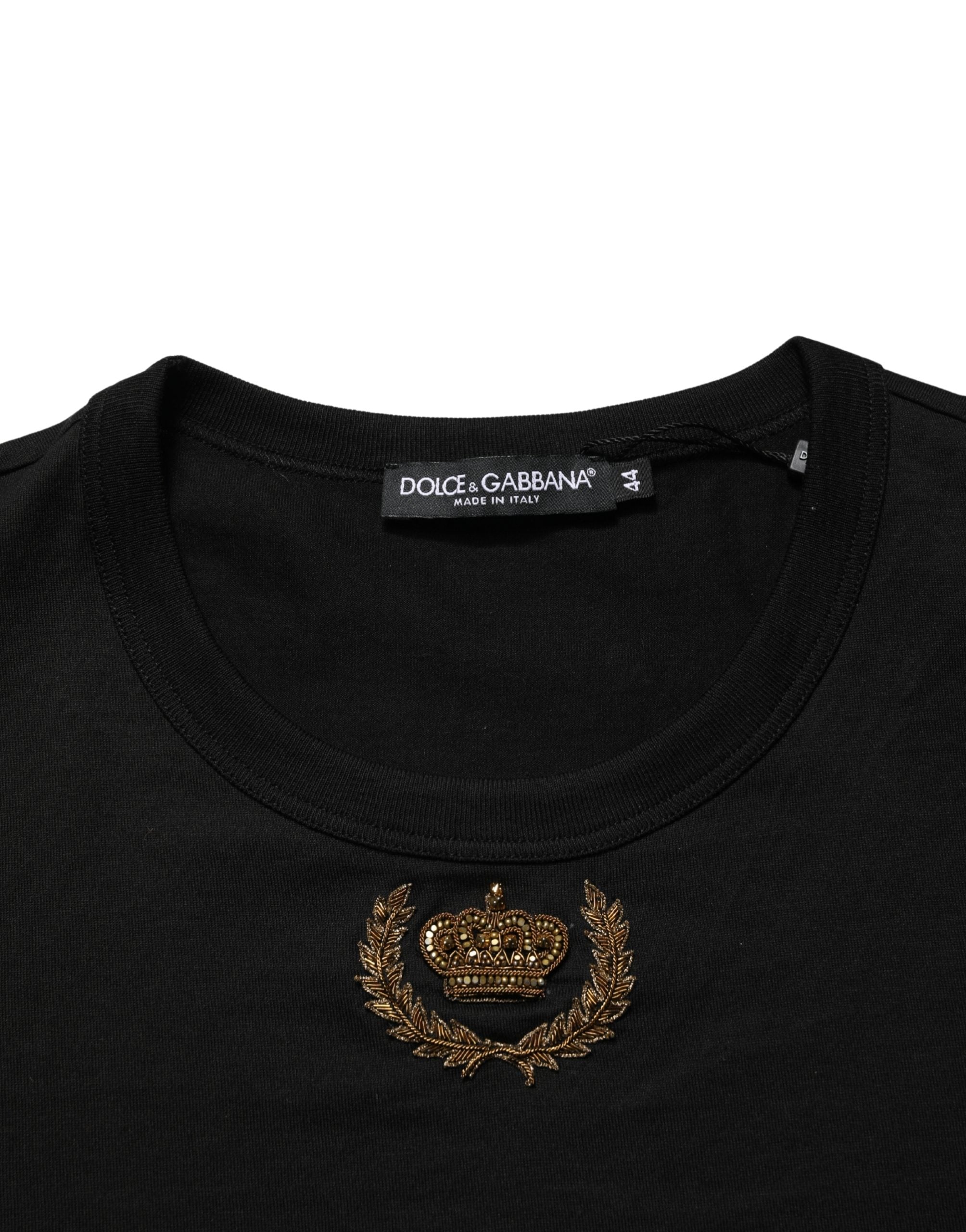 Black Crown Embroidery Men Crew Neck T-shirt