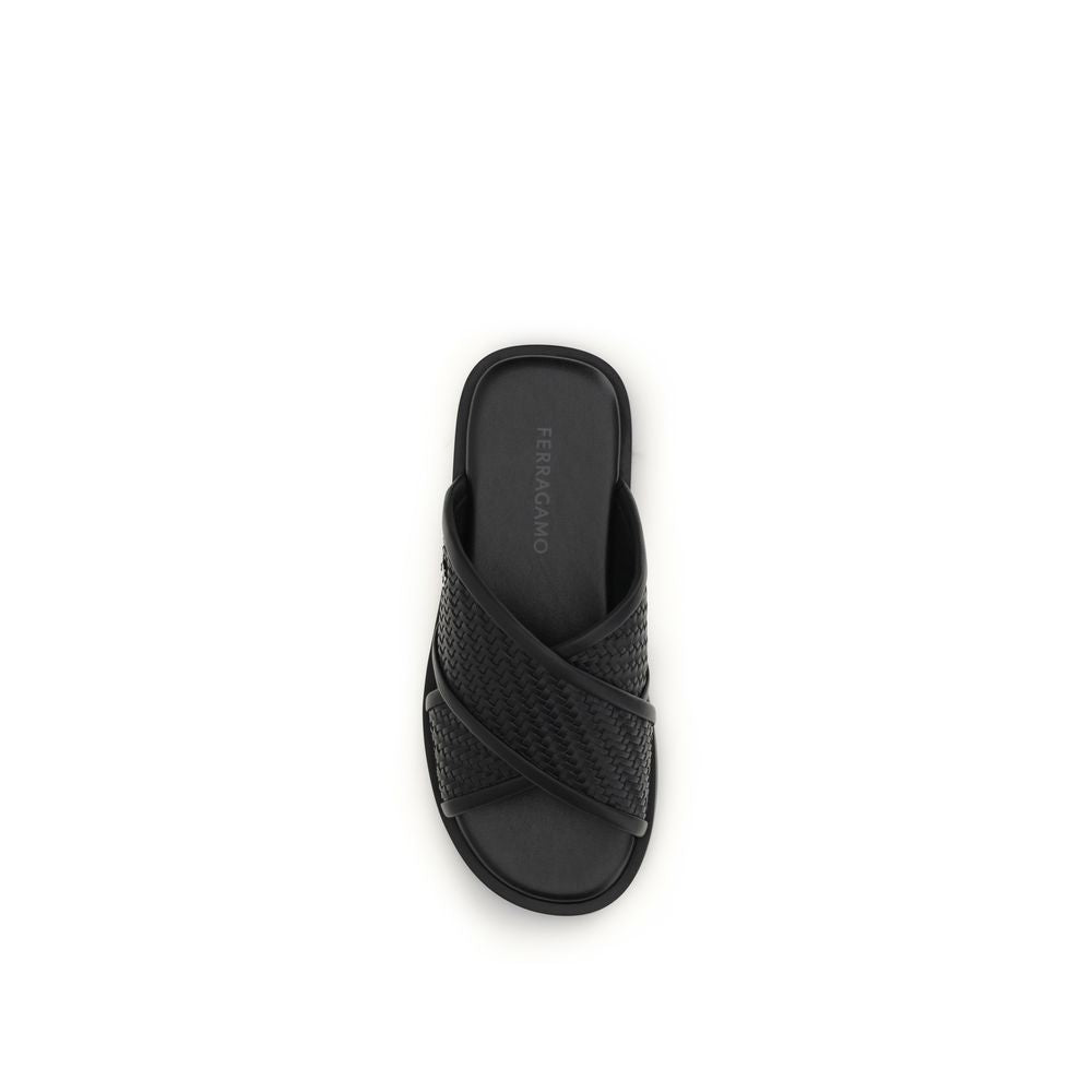 Black Calf Leather Bos Taurus Flat Sandals