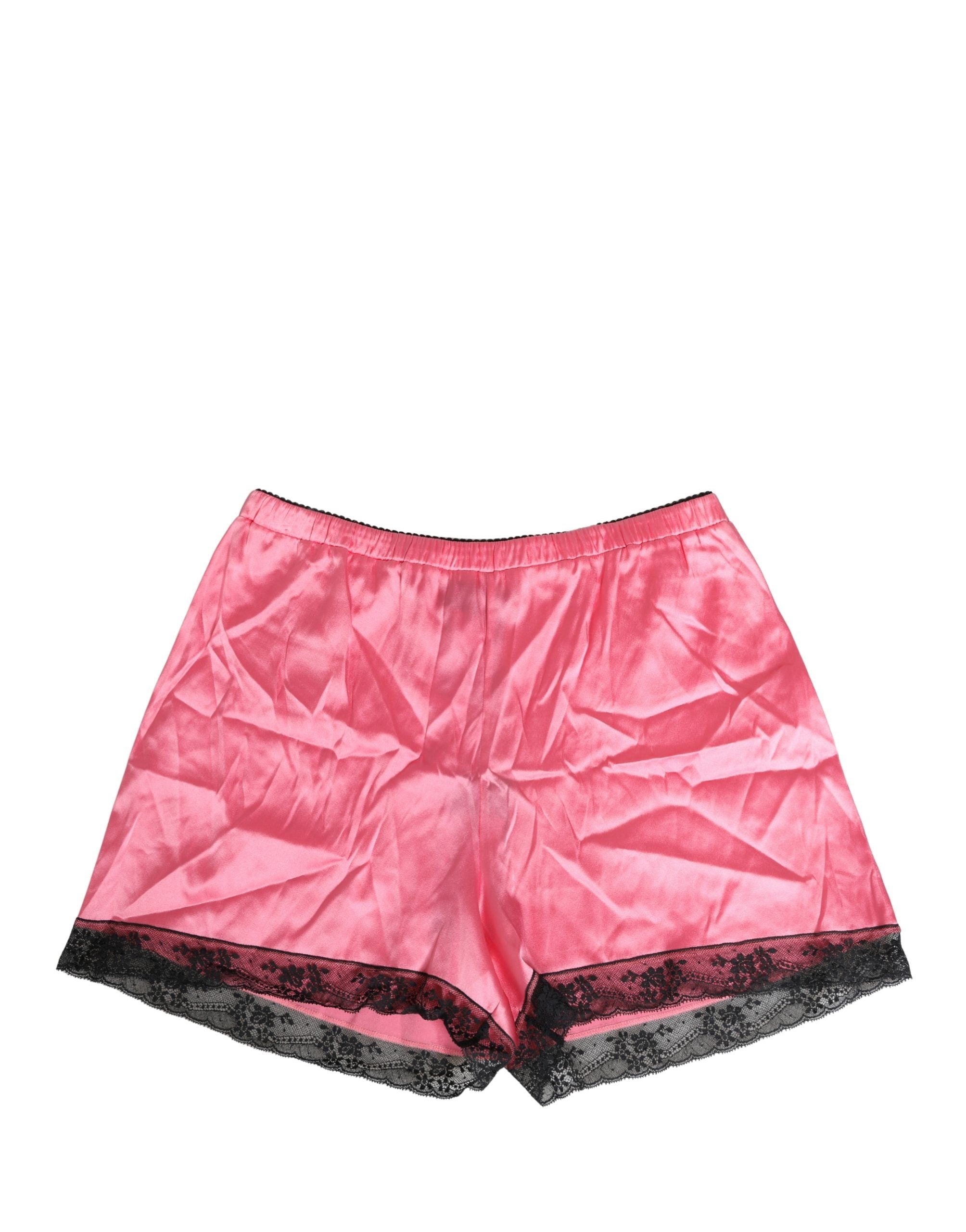 Pink Silk Satin Lace Trim Pajama Shorts Sleepwear