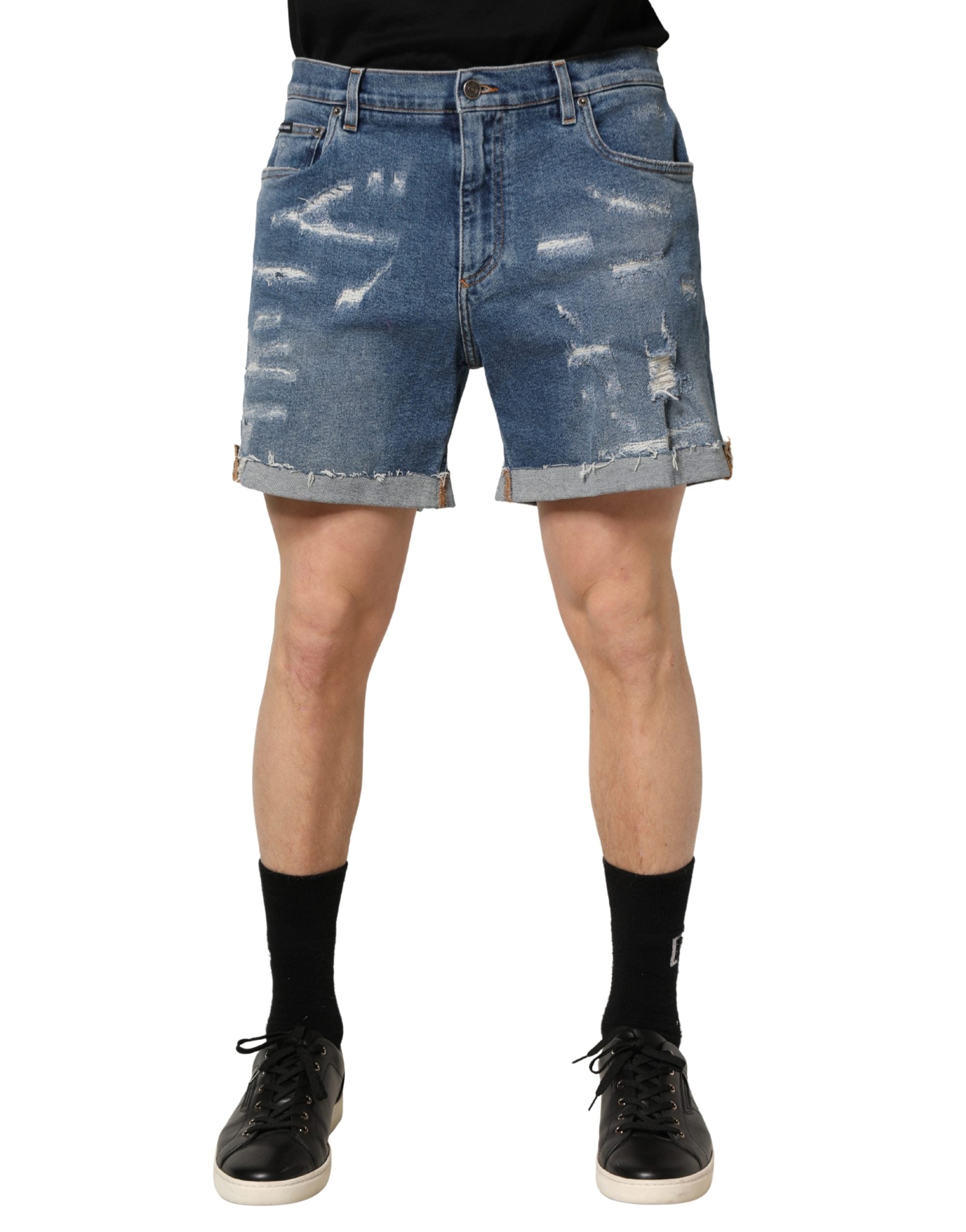 Blue Cotton Distressed Denim Bermuda Shorts