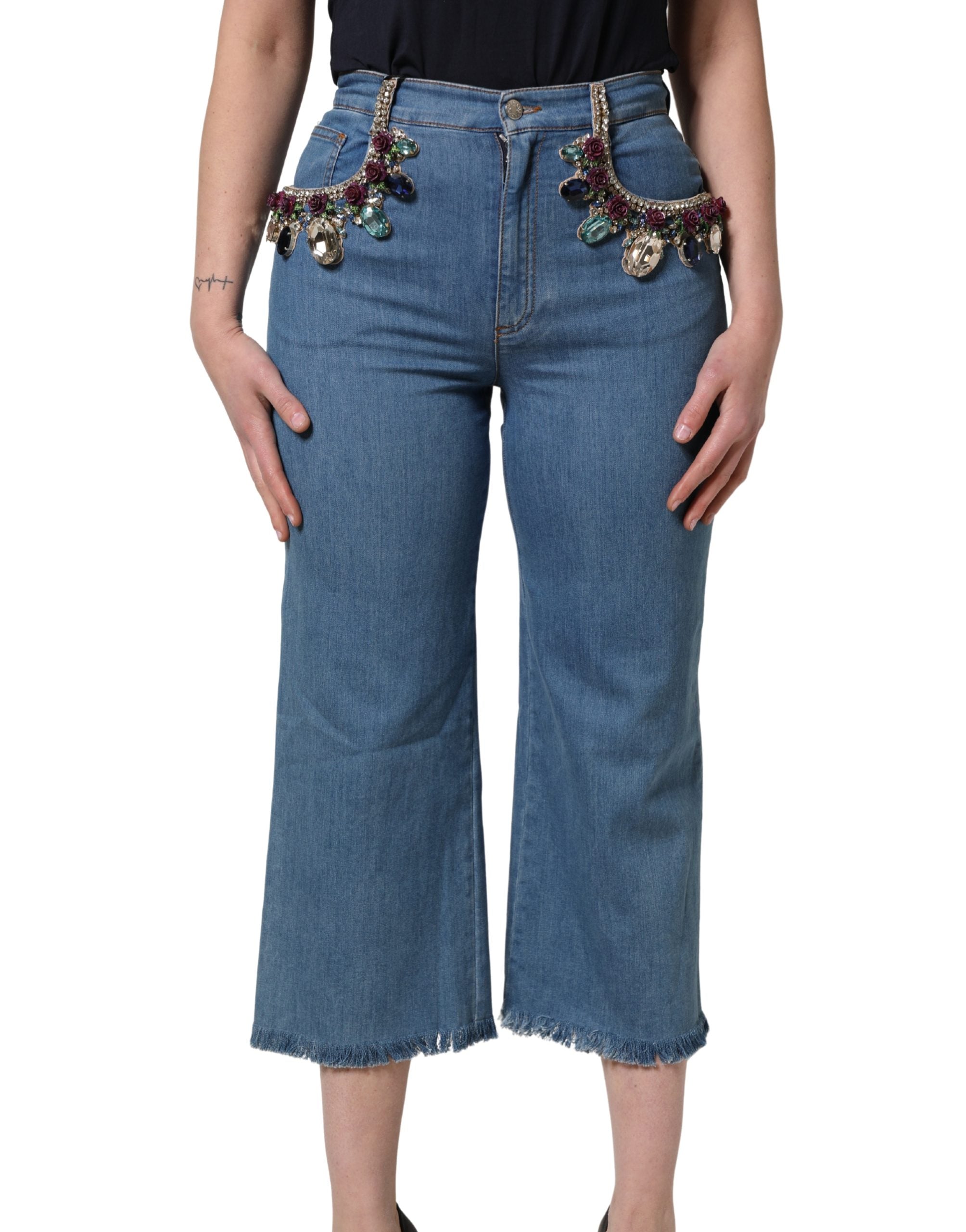 Blue Embellished Denim Wide-Leg Crop Jeans