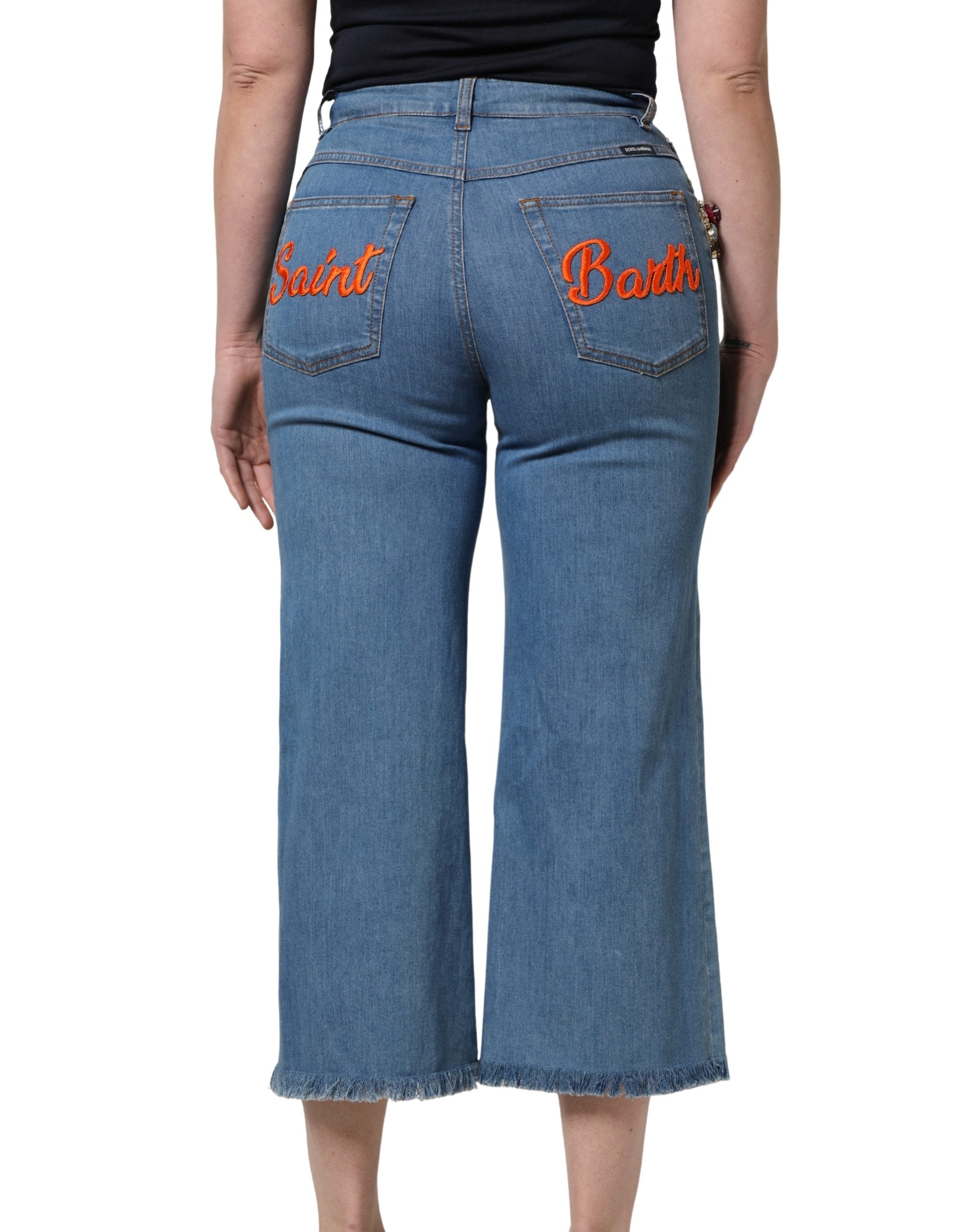 Blue Embellished Denim Wide-Leg Crop Jeans