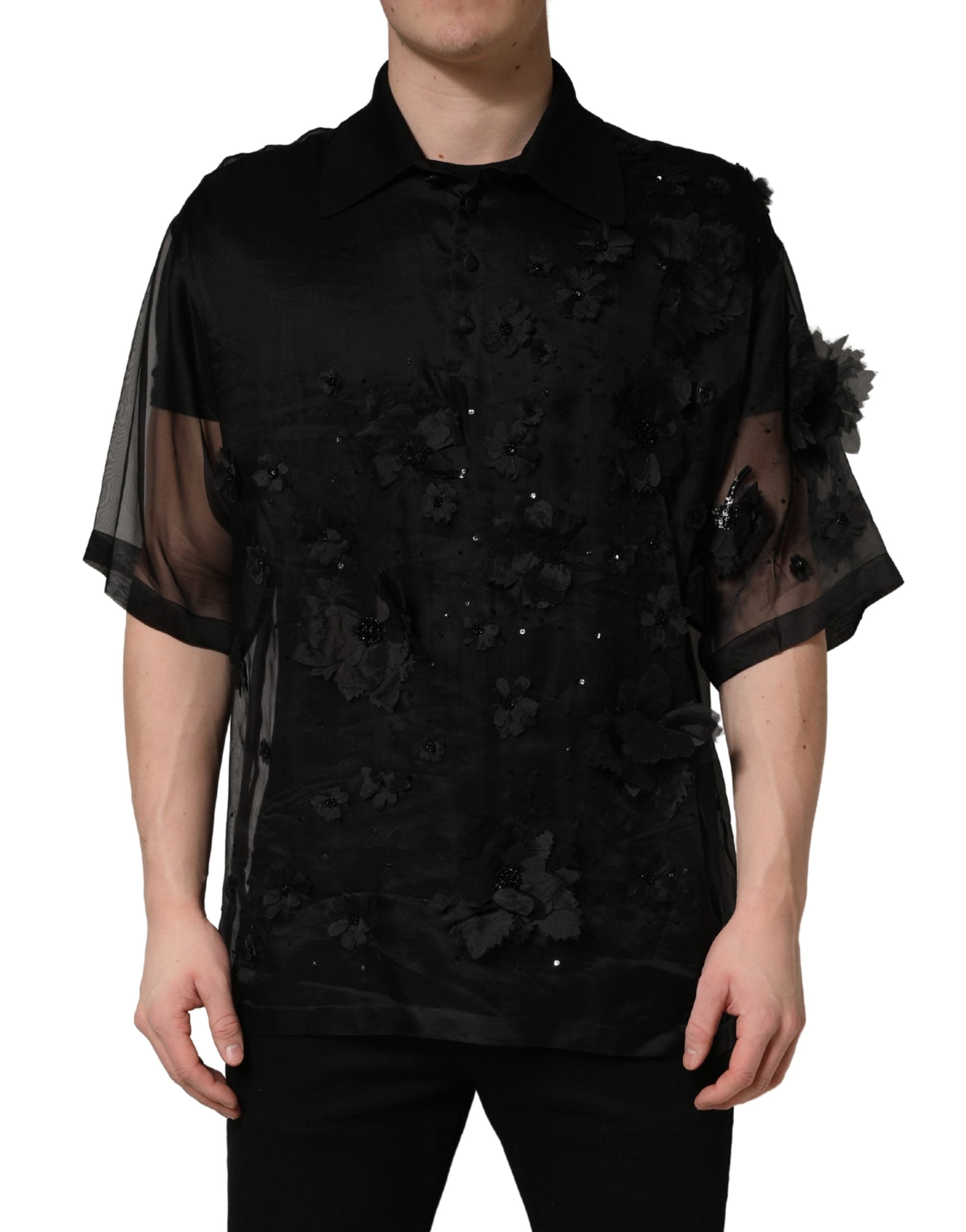 Black Floral Applique Sheer Short Sleeve Shirt