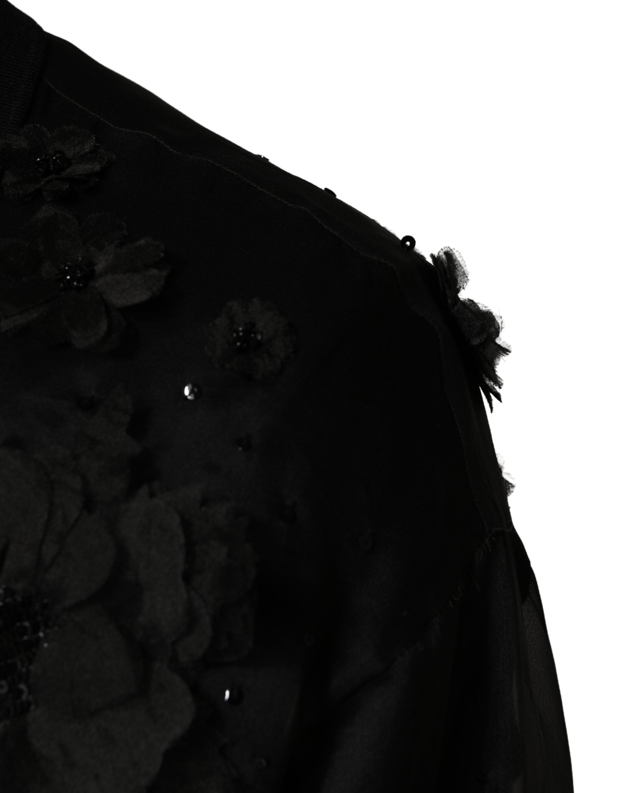 Black Floral Applique Sheer Short Sleeve Shirt