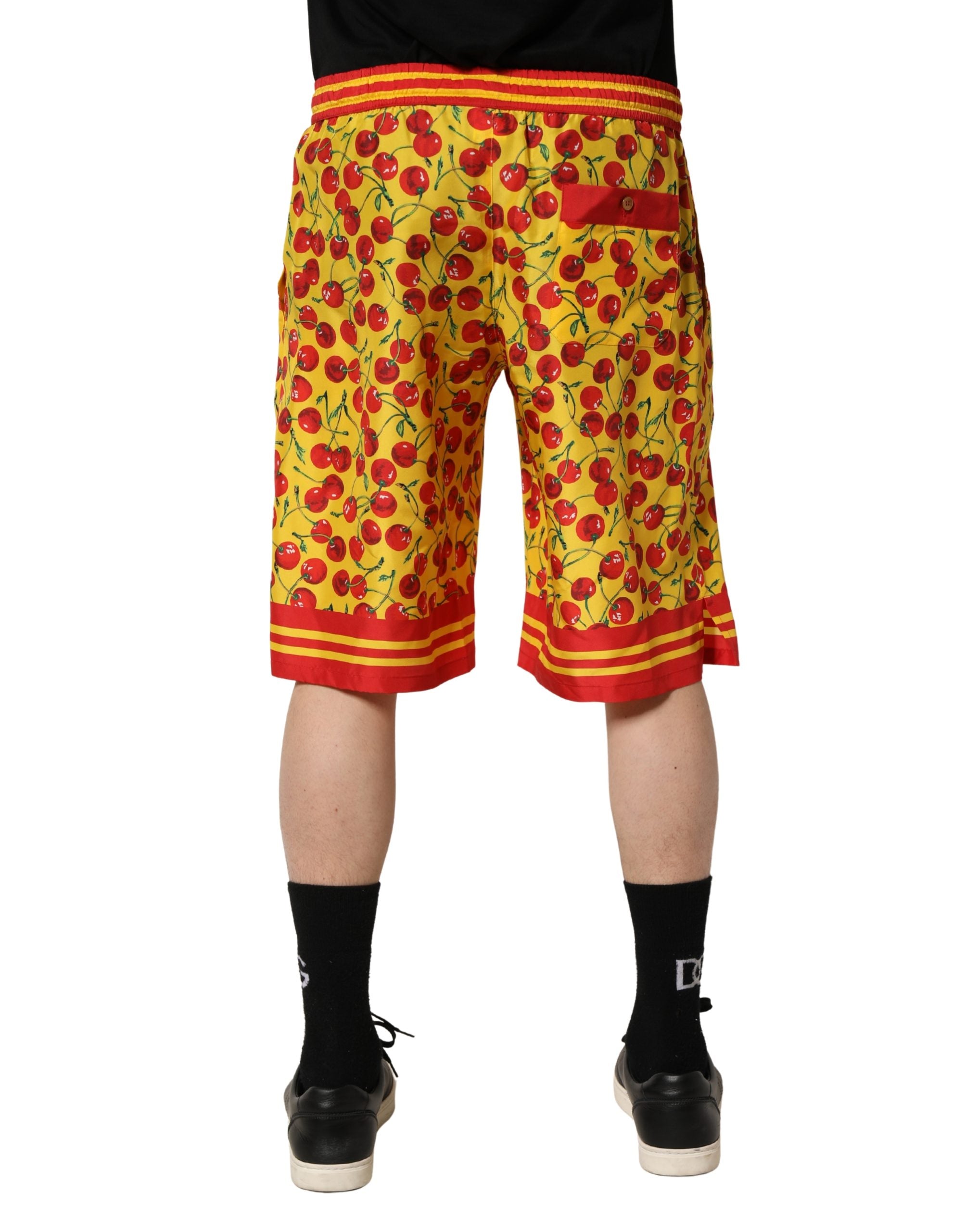 Yellow Red Cherry Print Silk Bermuda Shorts