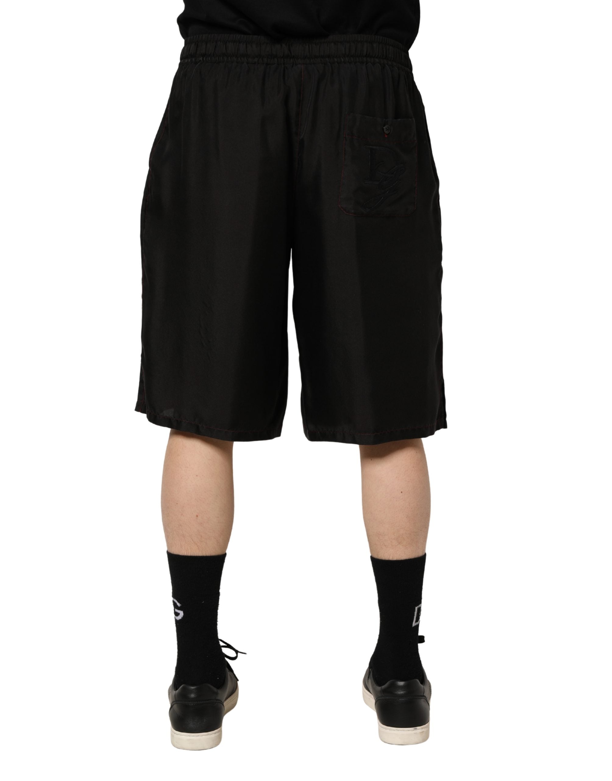Black Silk Drawstring Men Bermuda Shorts