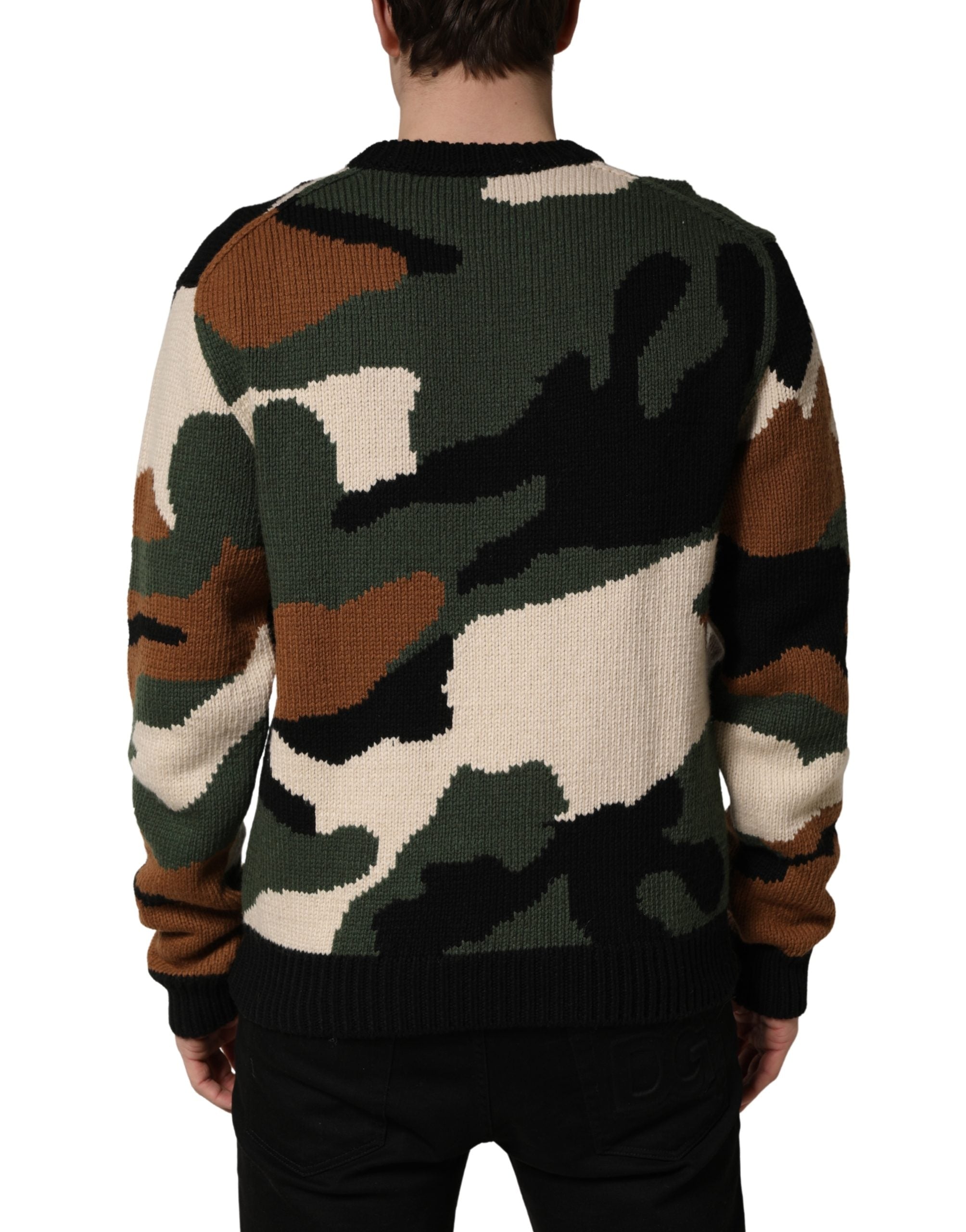 Multicolor Intarsia Knit Camouflage Pullover Sweater