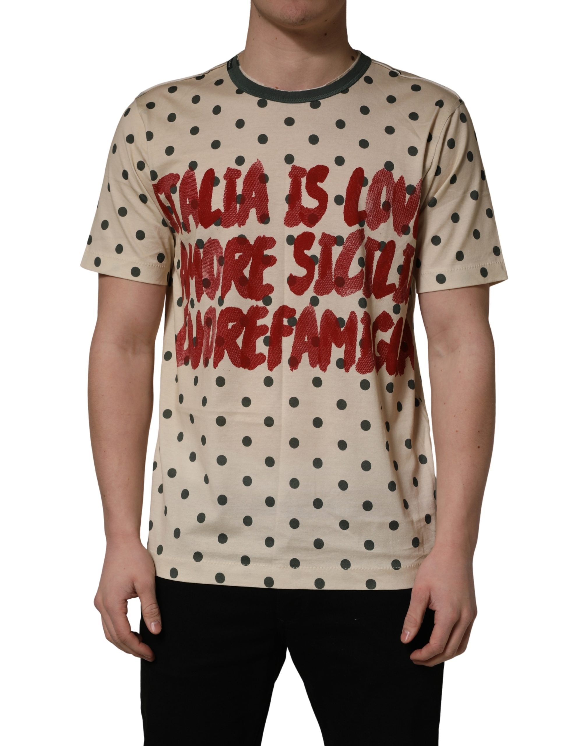 Beige Cotton Polka Dot Graphic Tee T-shirt