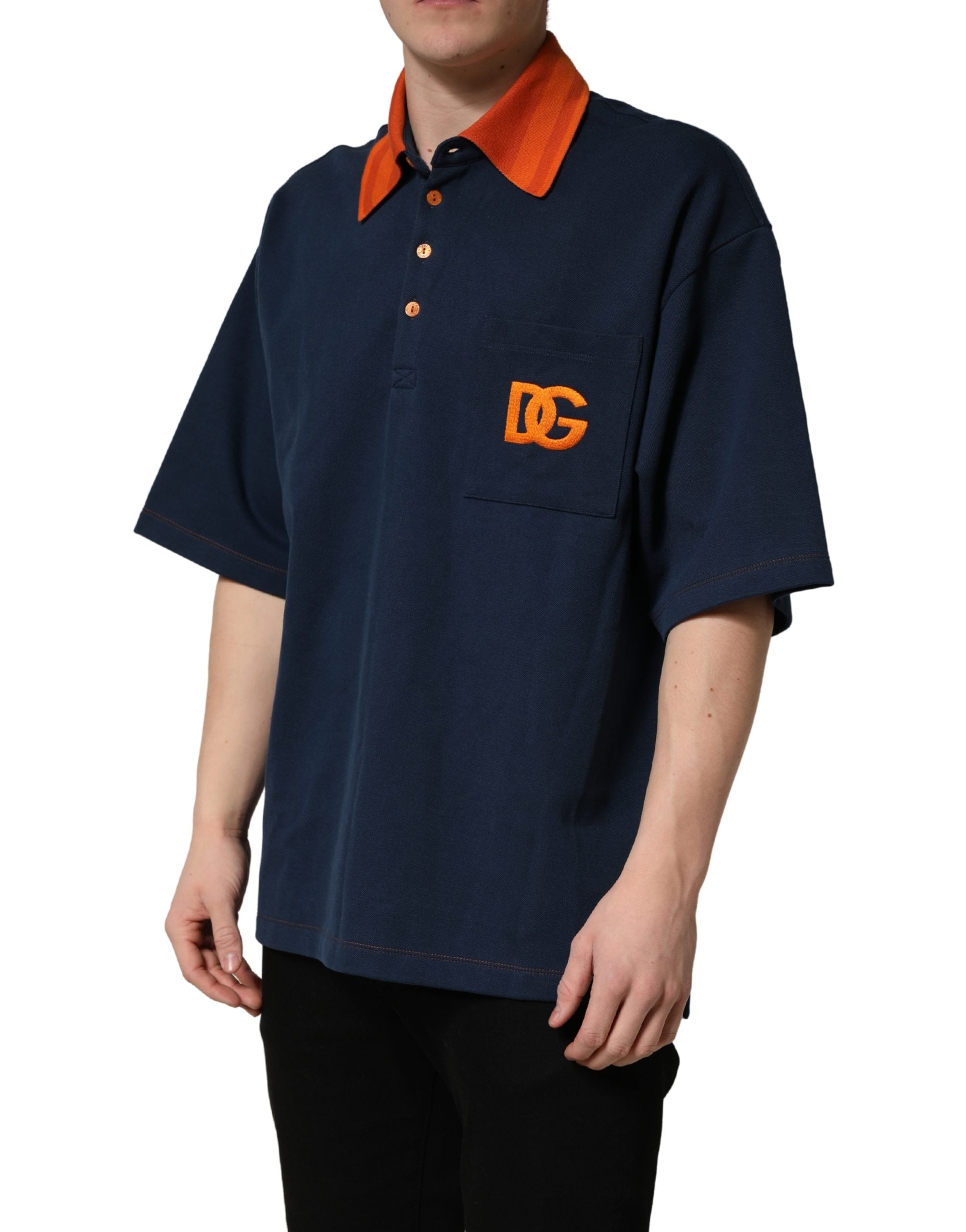 Navy Blue Cotton Logo Short Sleeves Men Polo T-shirt