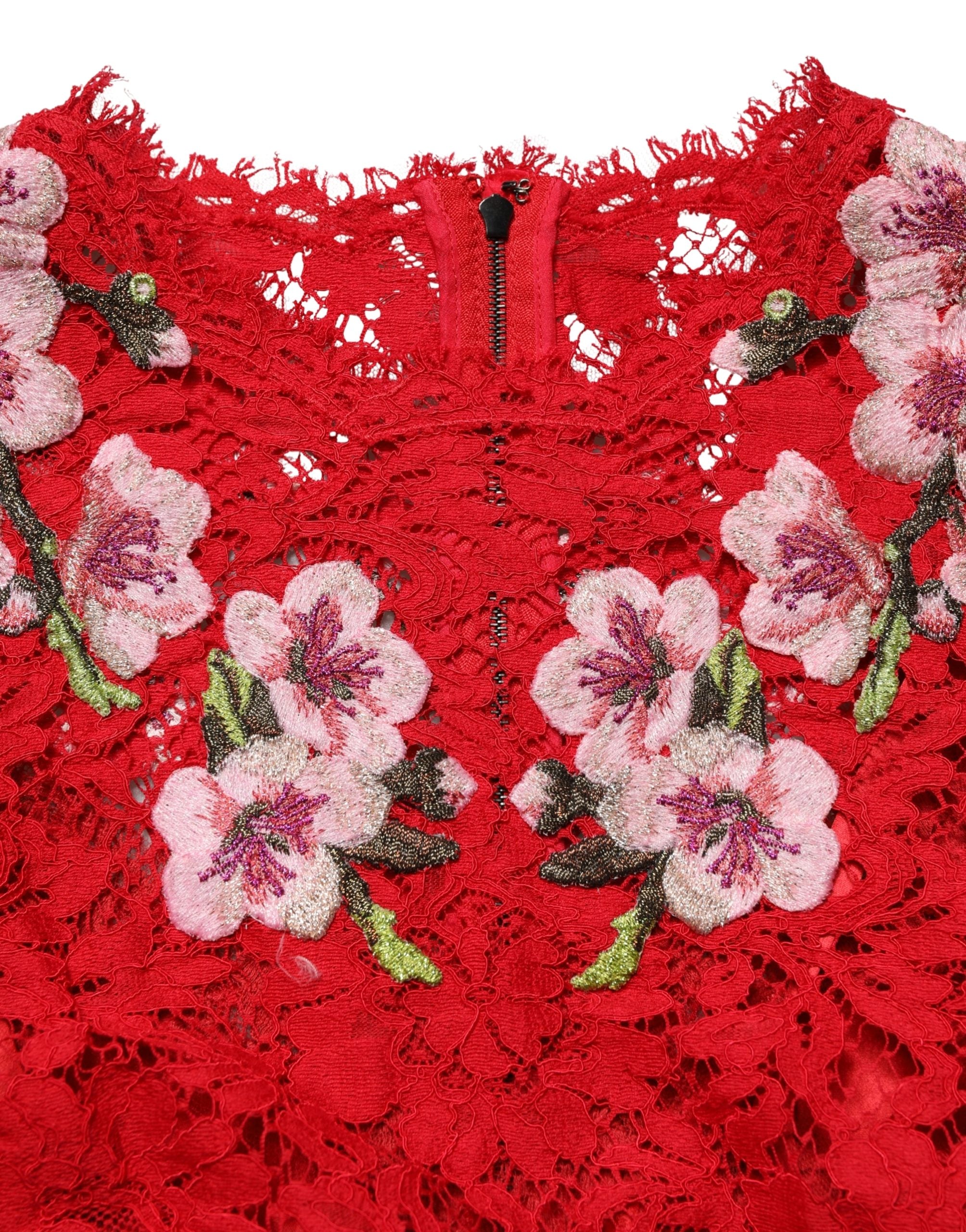 Red Lace Floral Embroidery Long Sleeves Top