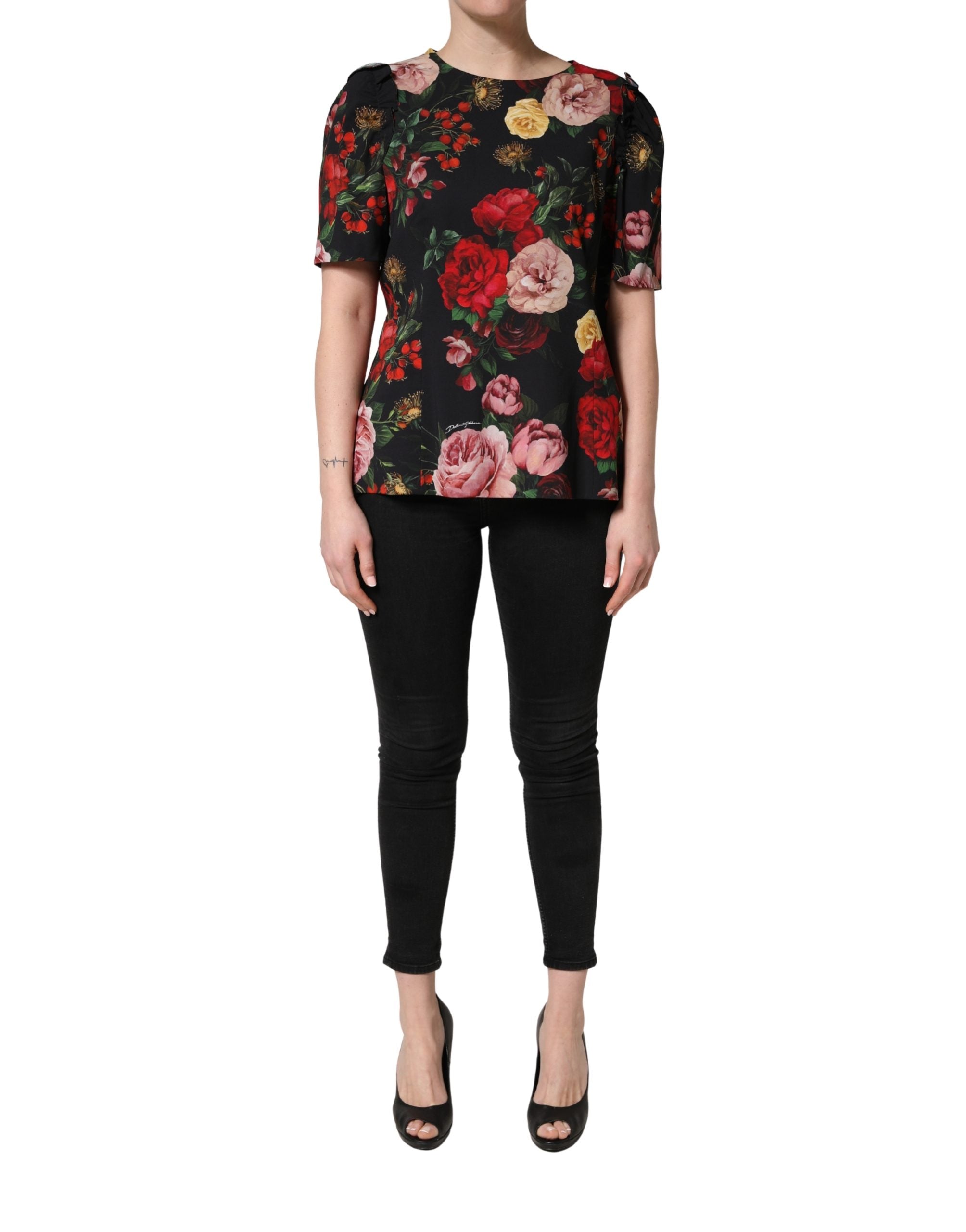 Black Floral Crepe Frill Detail Blouse Top