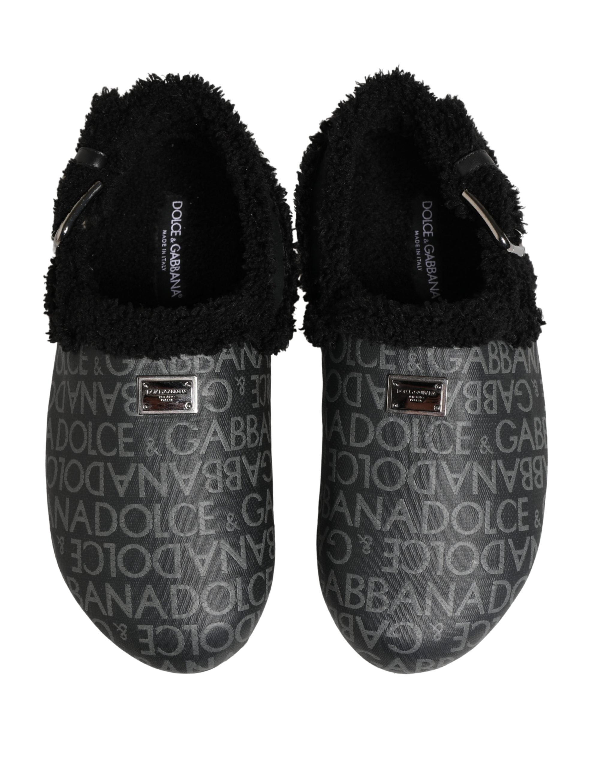 Gray Faux Fur Jacquard Mules Sandals Shoes