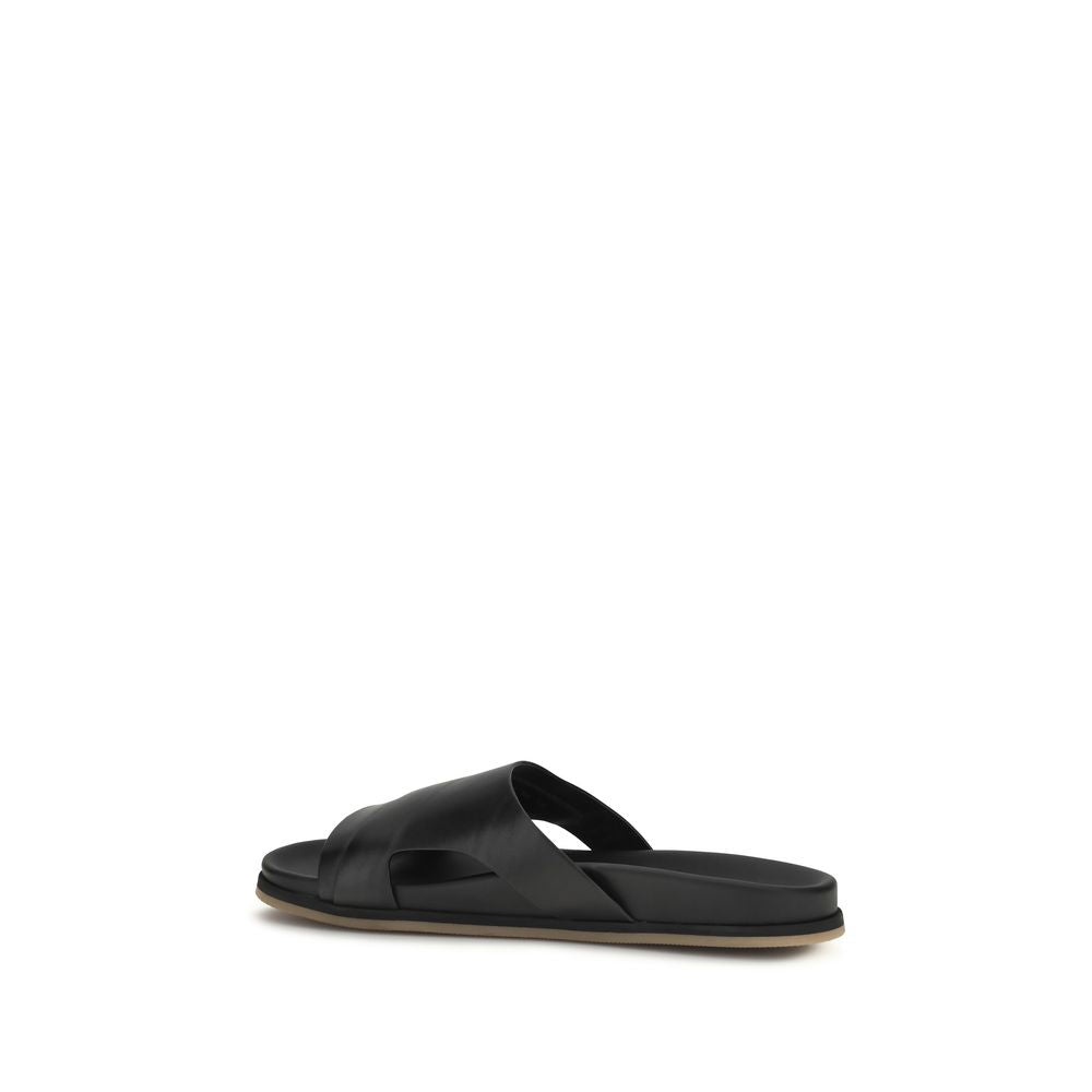 Black Calf Leather Bos Taurus Flat Sandals