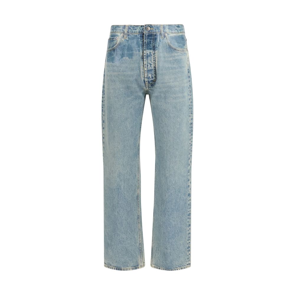 Blue Cotton Straight-Leg Jeans