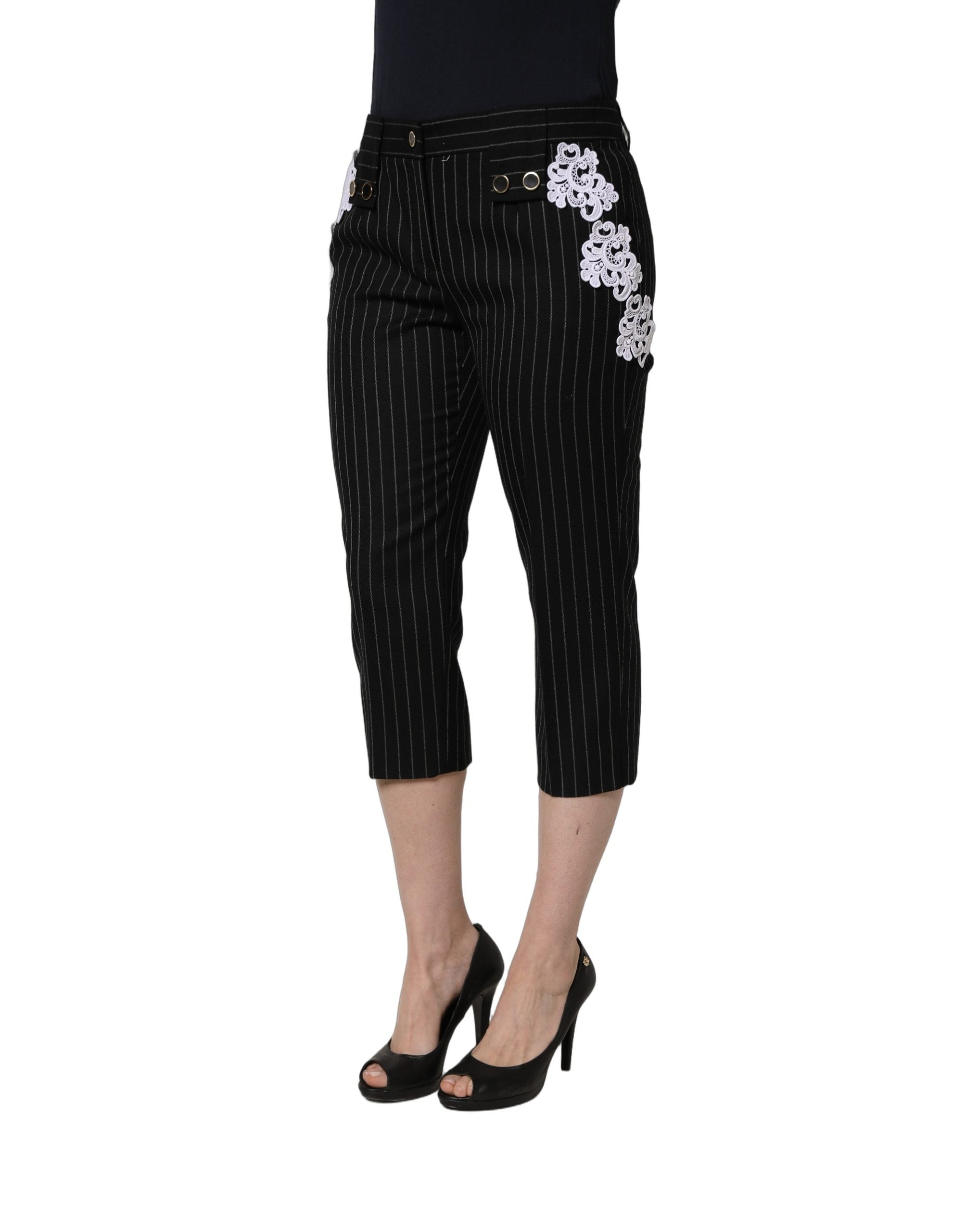 Black Lace Applique Pinstripe Cropped Pants