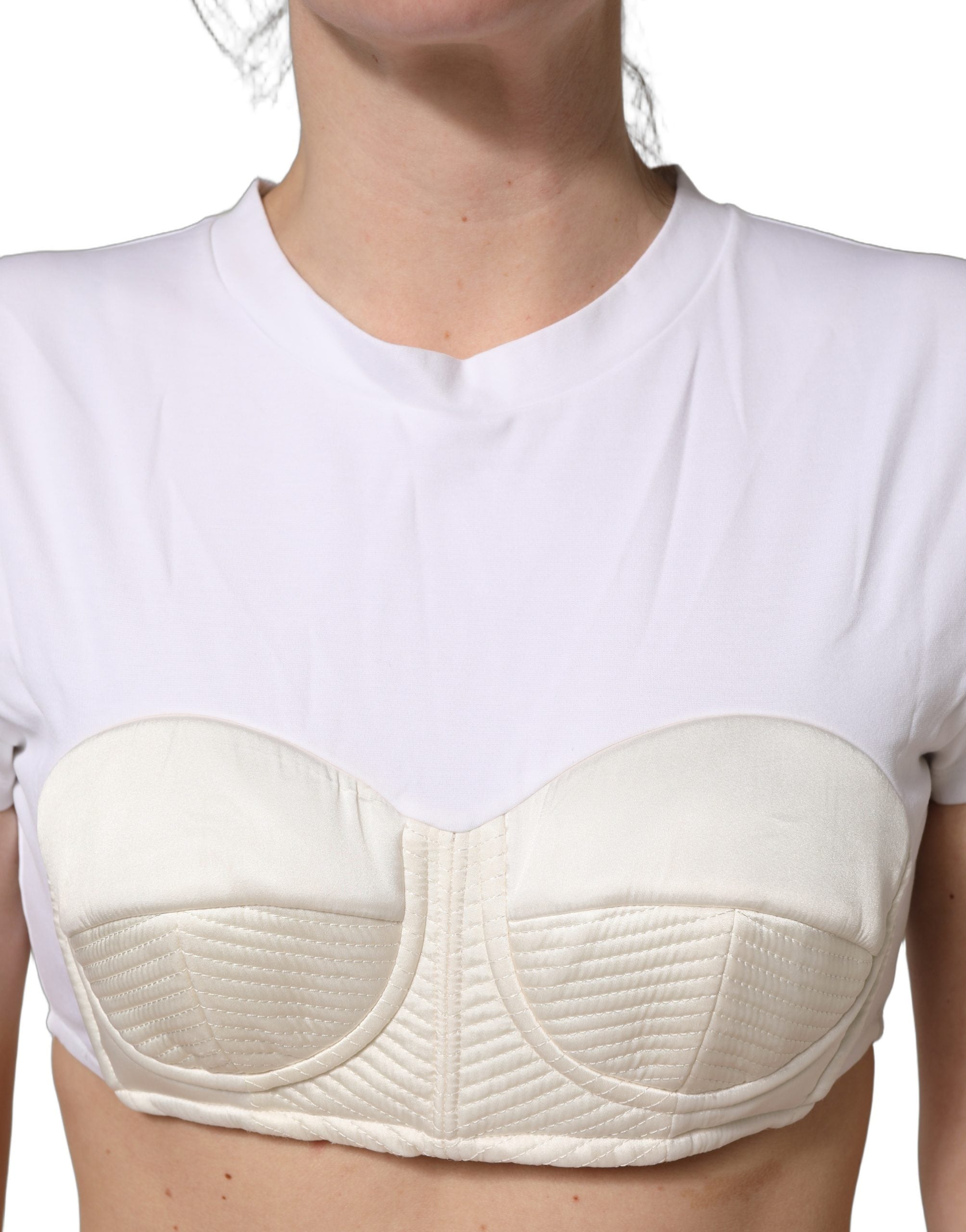 White Bustier Short Sleeve CrewNeck Cropped Top
