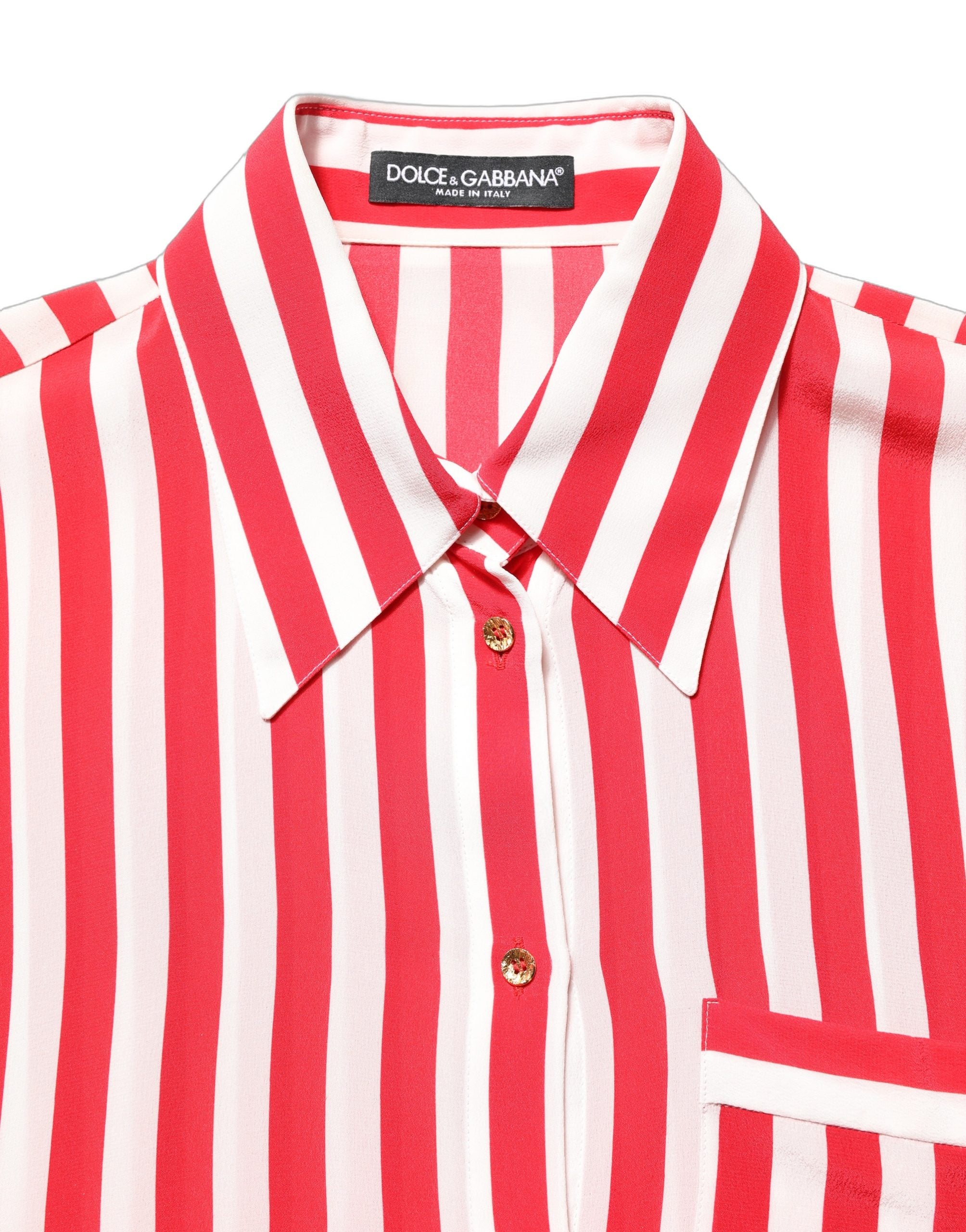 Red White Striped Long Sleeve Silk Blouse Top