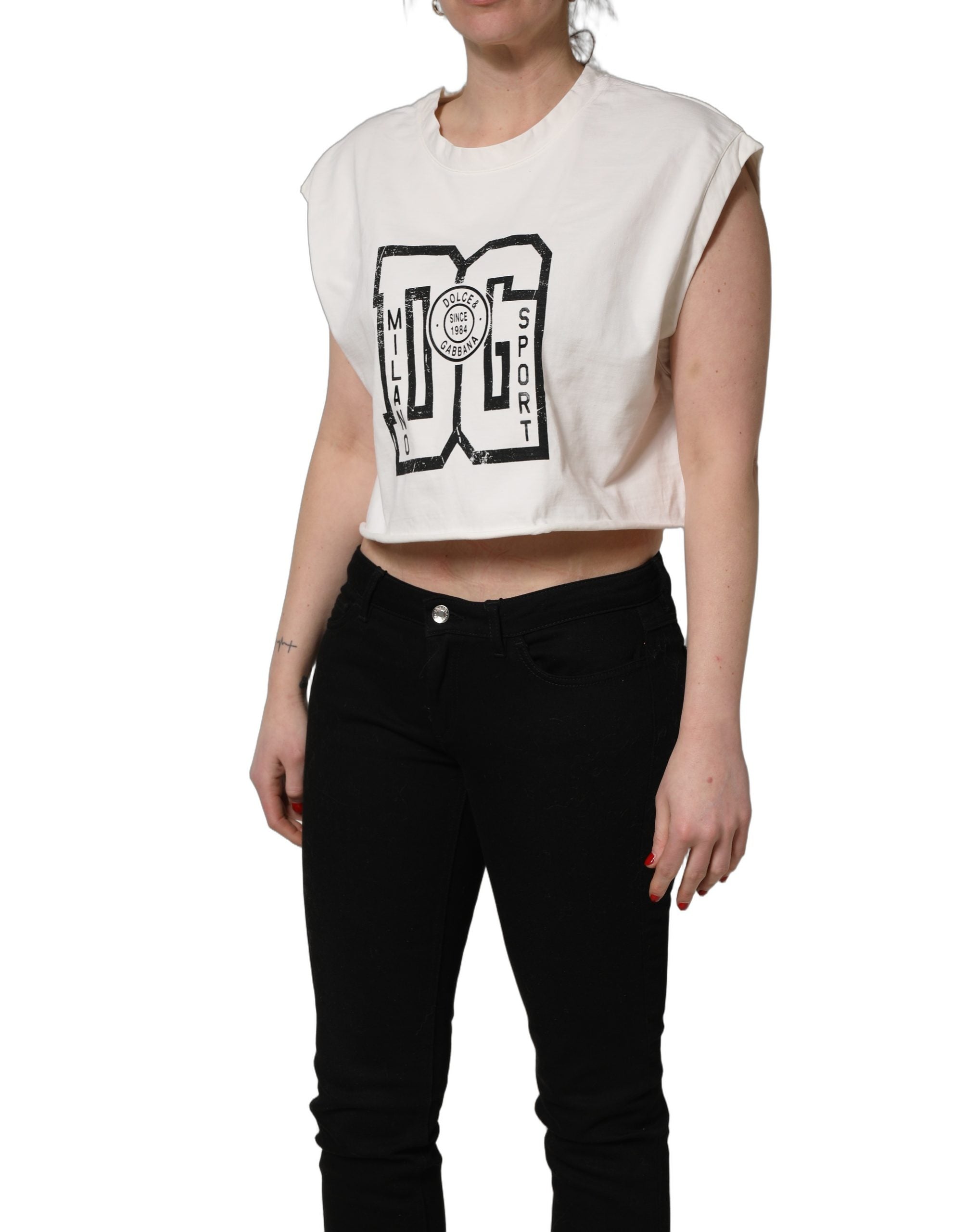 White Cotton DG Logo Print Cropped Jersey Top
