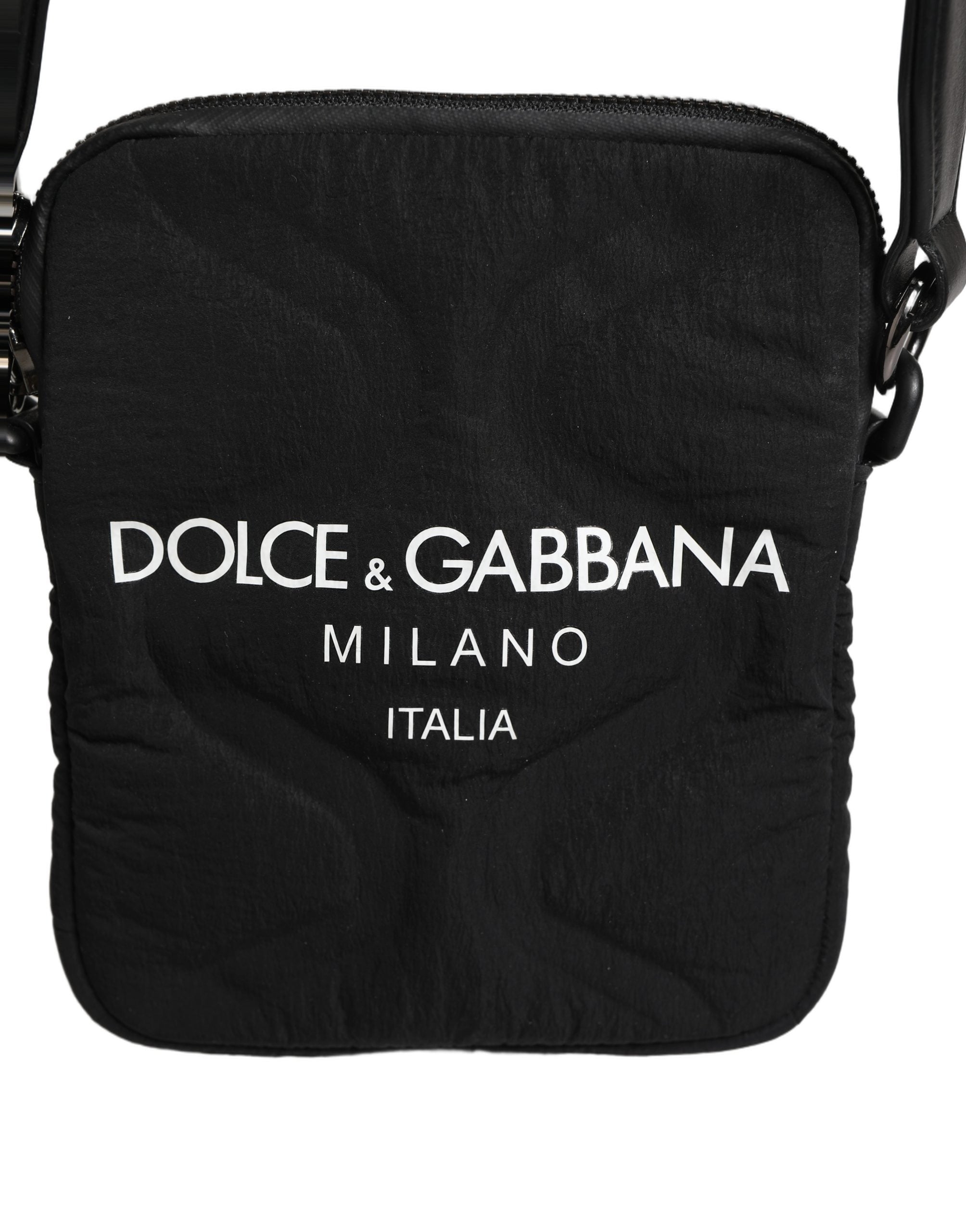 Black Nylon Rubberized Logo Print Crossbody Borse Bag
