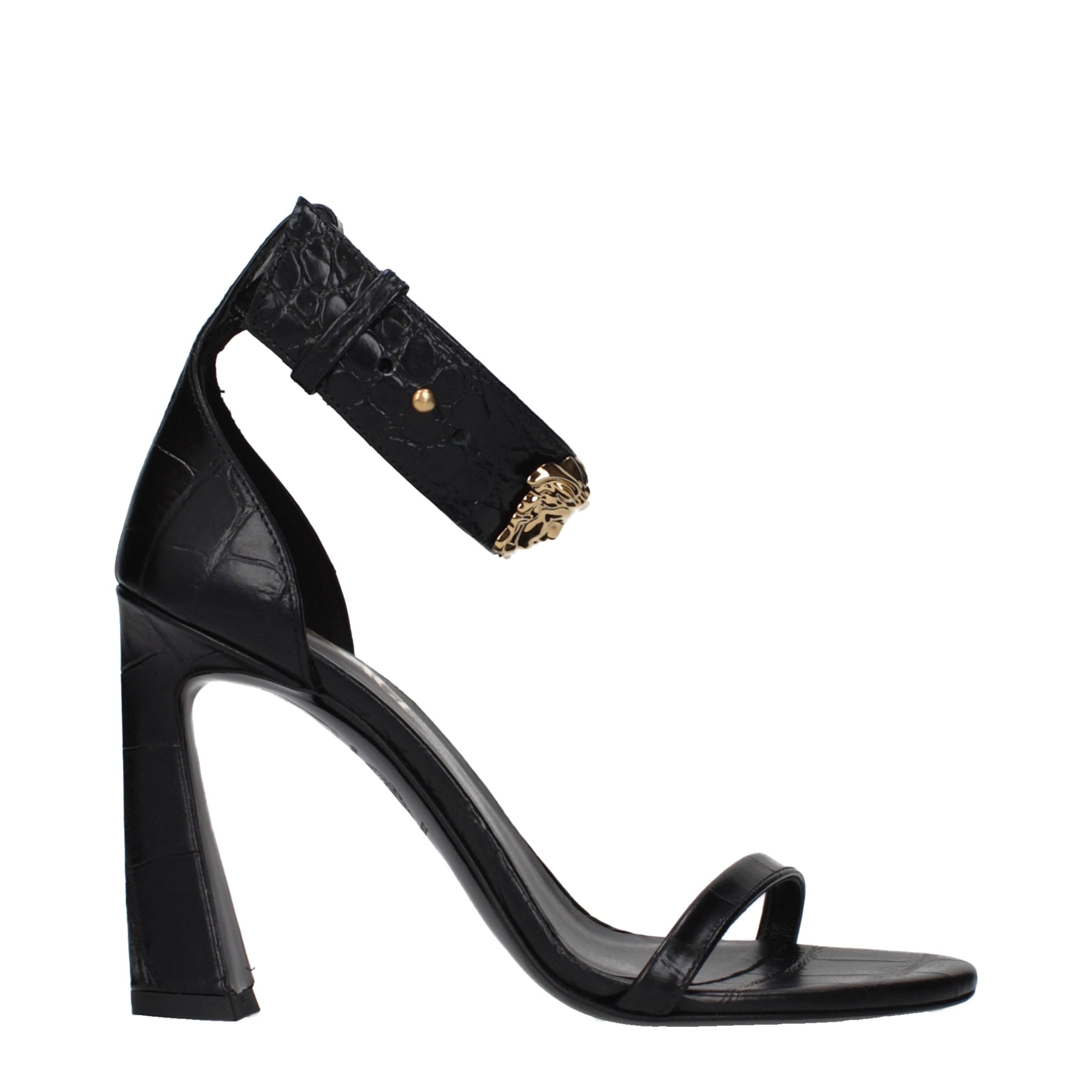 Black Leather Stiletto Heel Sandals