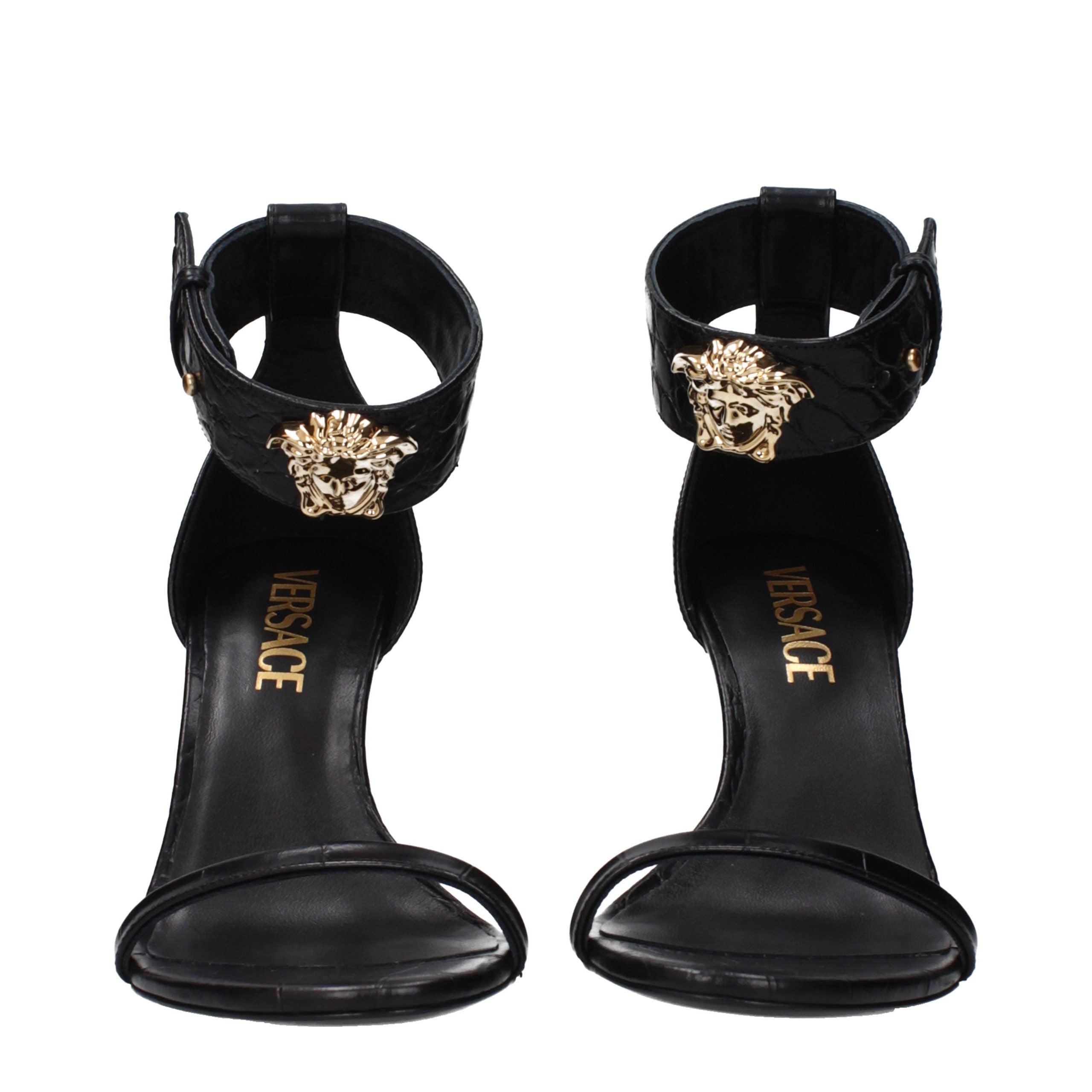 Black Leather Stiletto Heel Sandals