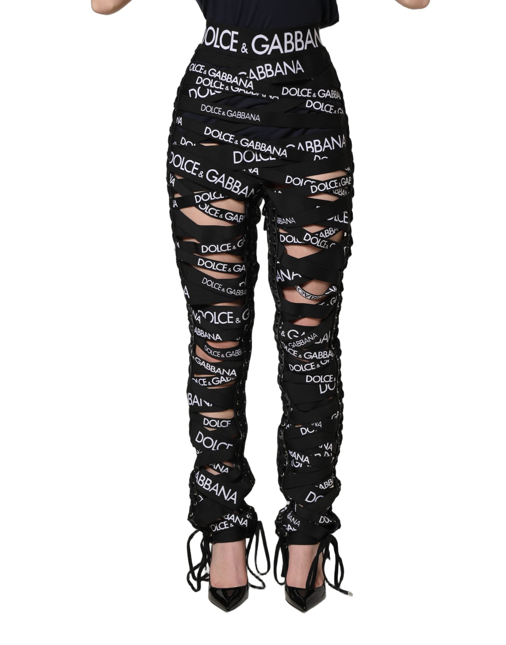 Black Logo Tape Cut Out Skinny High Waist Pants