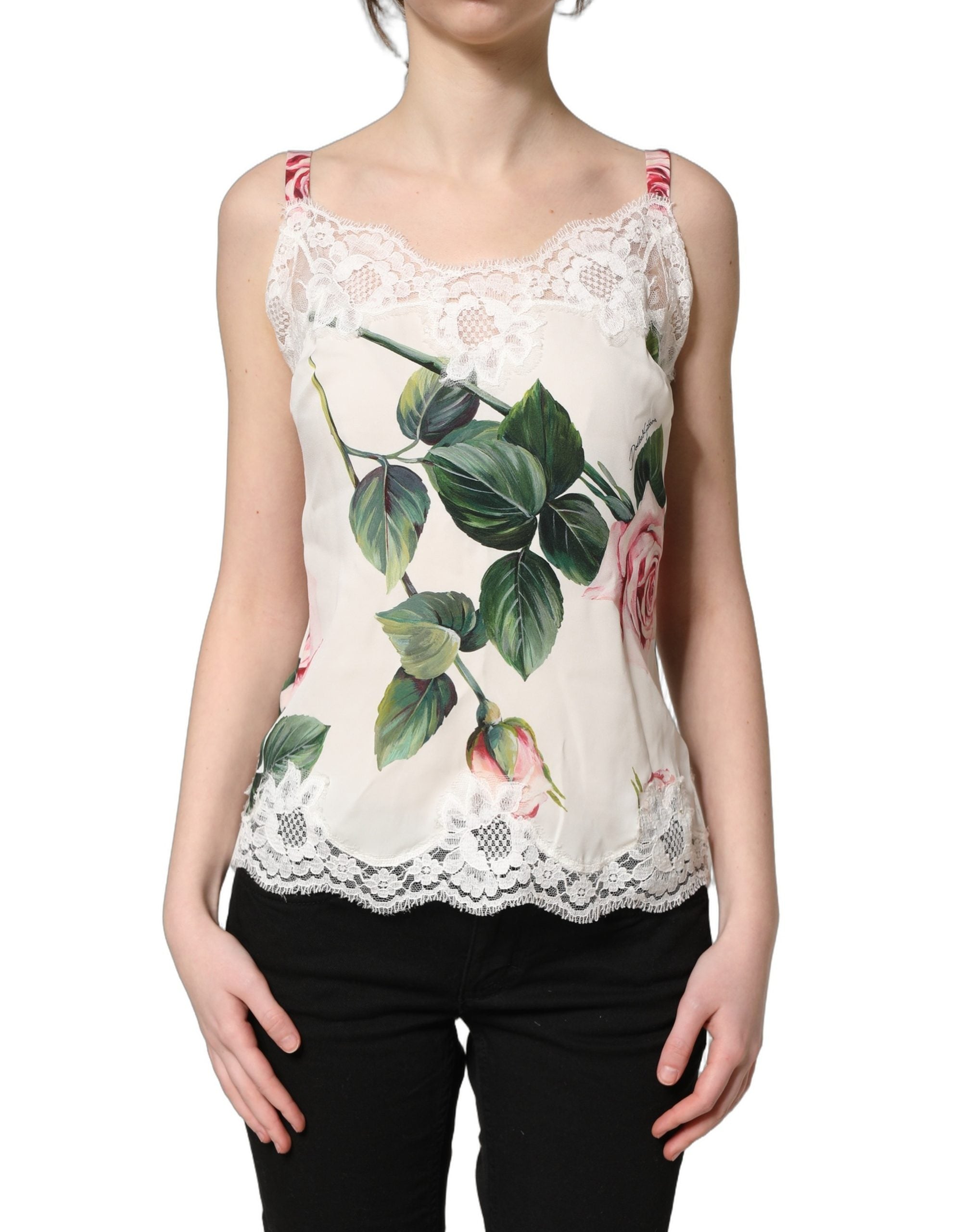 White Rose Print Lace Silk Camisole Tank Top