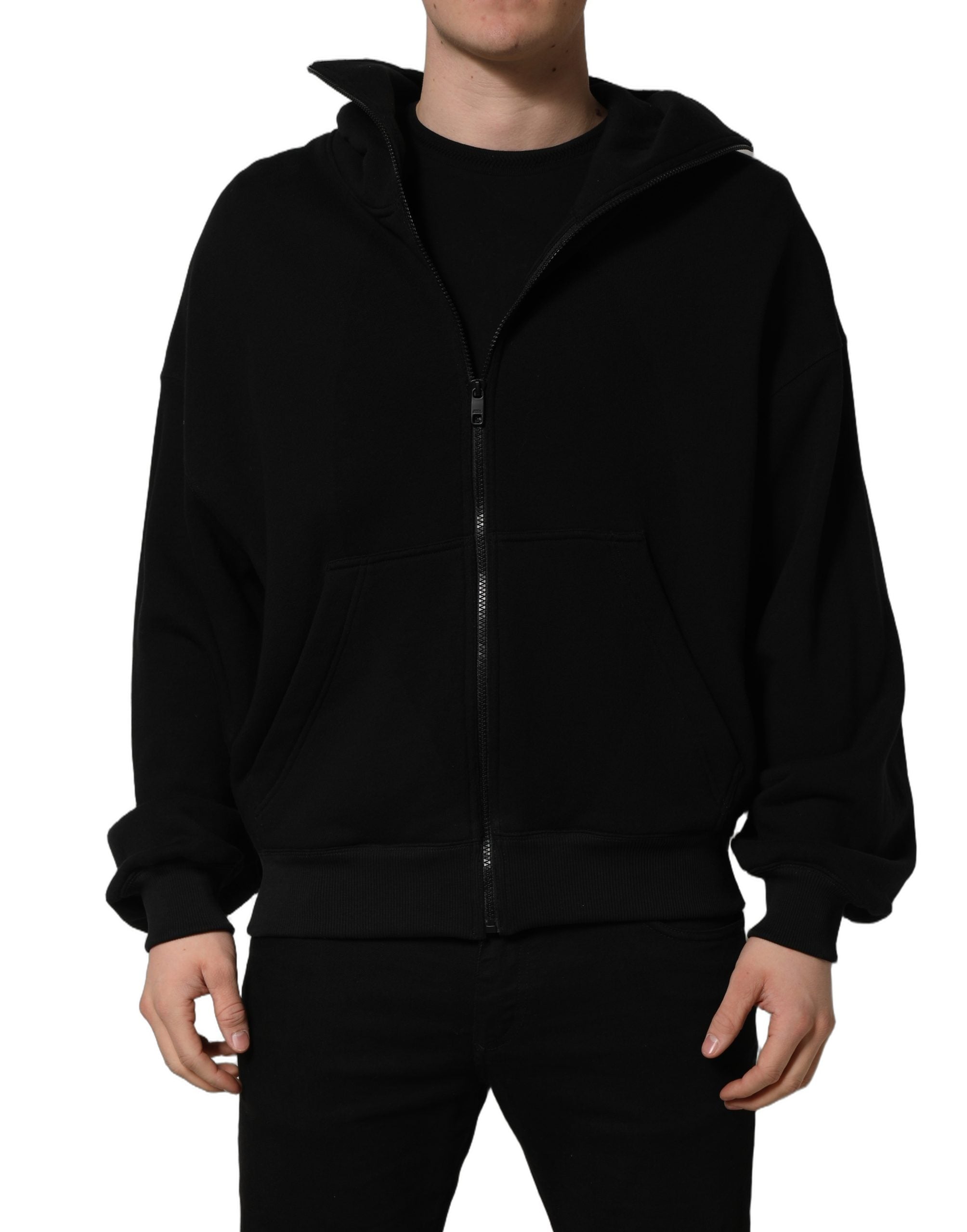 Black Cotton Men Hooded FullZip Bomber Jacket