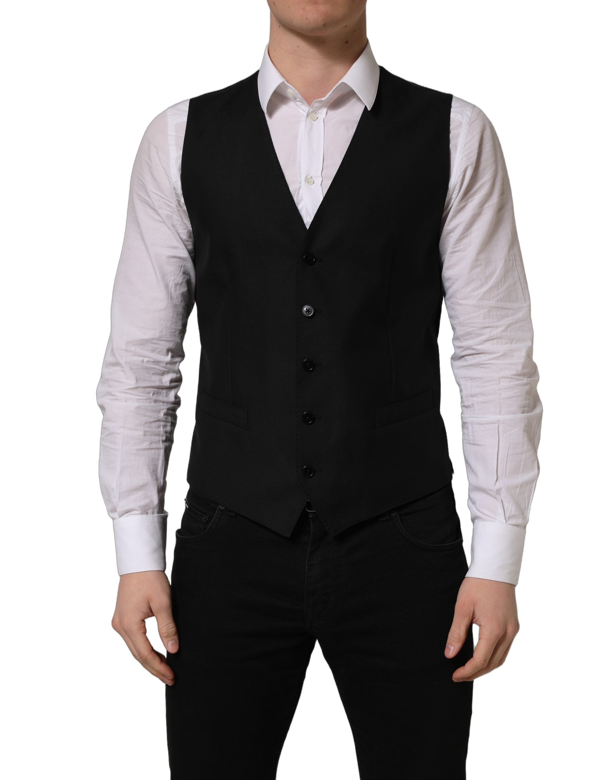 Black Wool Single Breasted Waistcoat Vest
