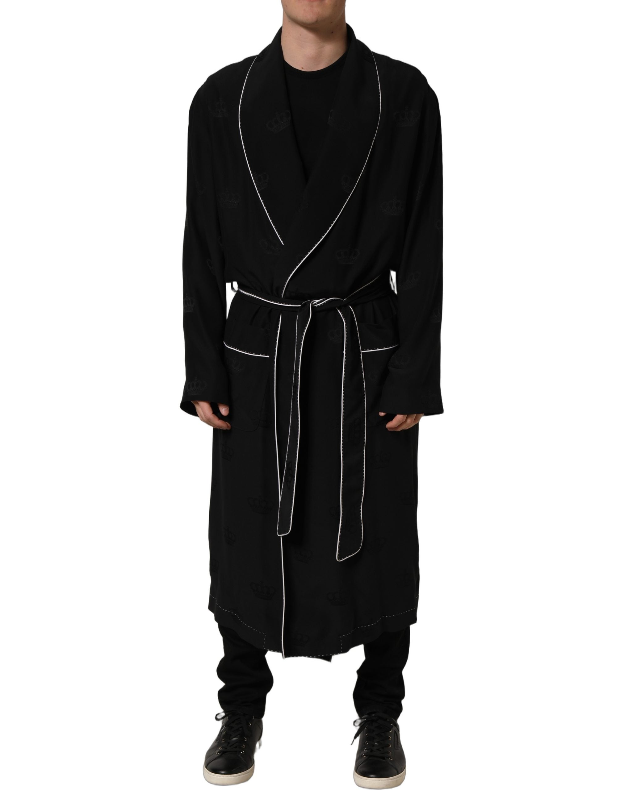 Black 100% Silk Robe Men Wrap Coat Jacket