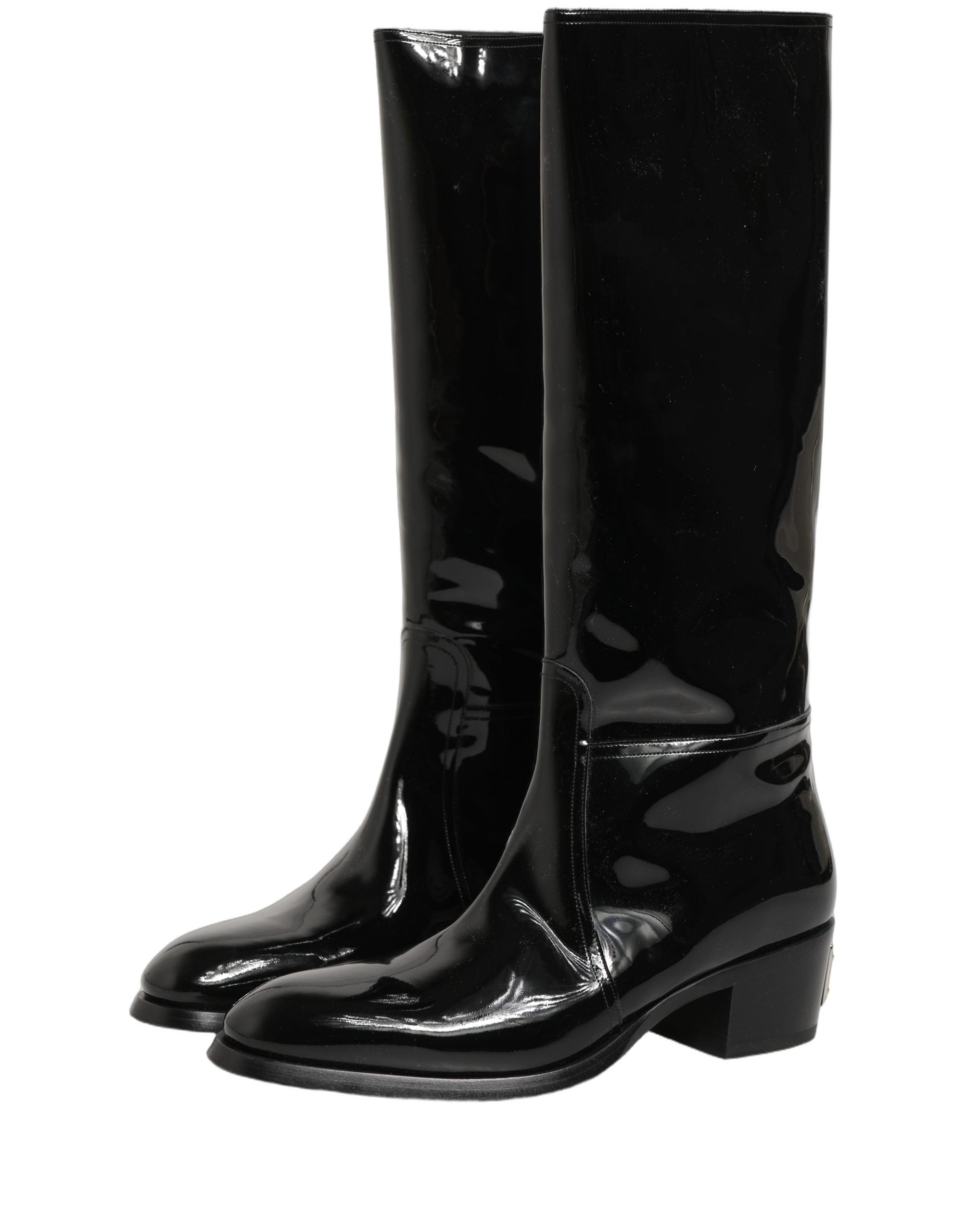 Black Leather Knee High Heels Boots Shoes