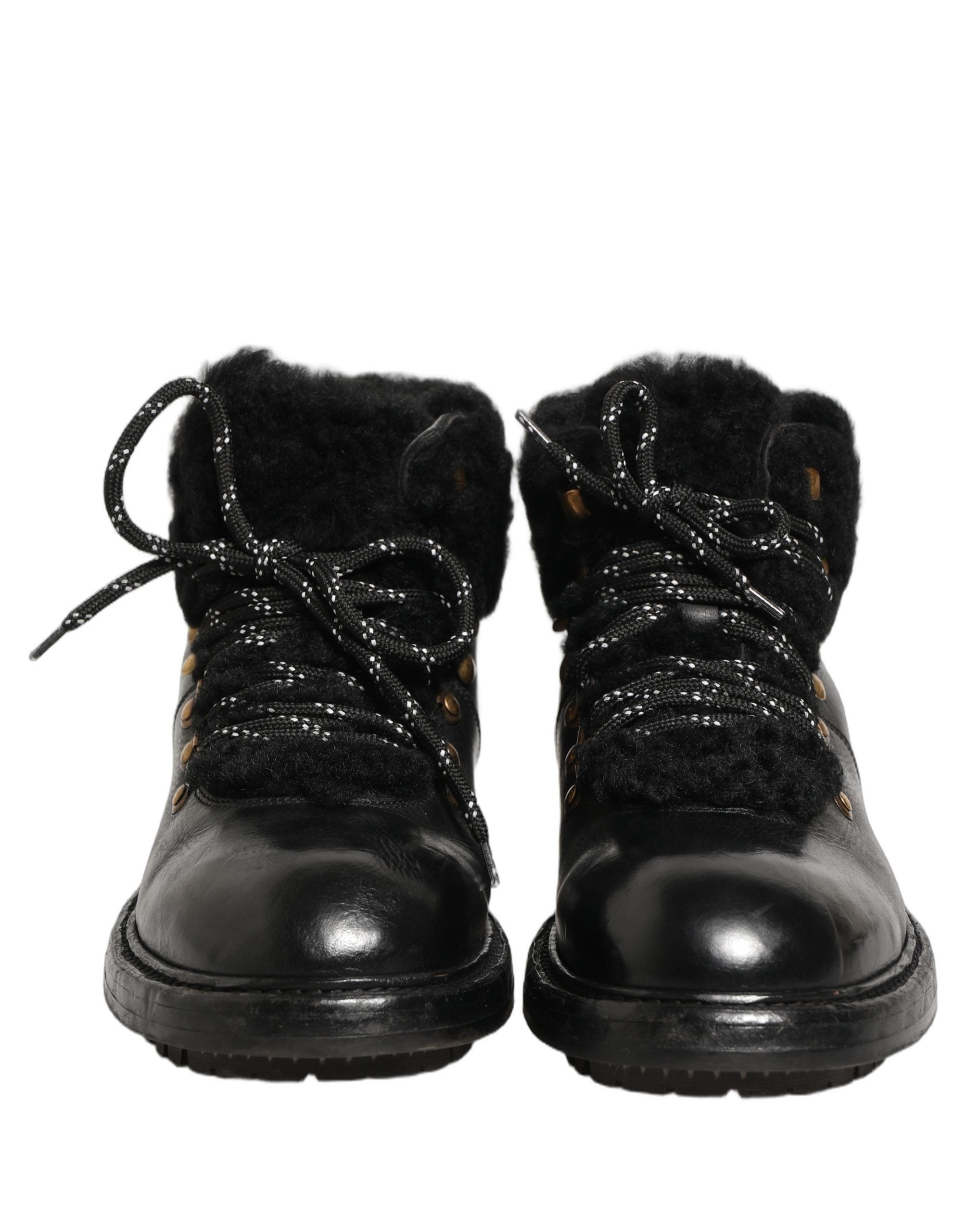 Black Trekking Fur Lace Leather Boots Shoes